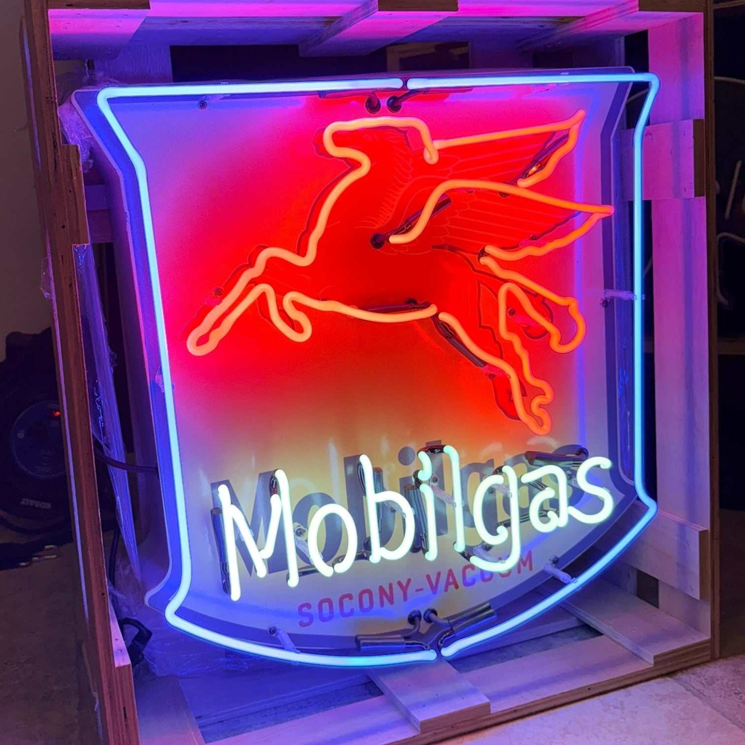 Mobilgas Pegasus Die Cut Shield Neon Porcelain Sign — Socony-Vacuum | Real Hand-Blown Glass & Porcelain
