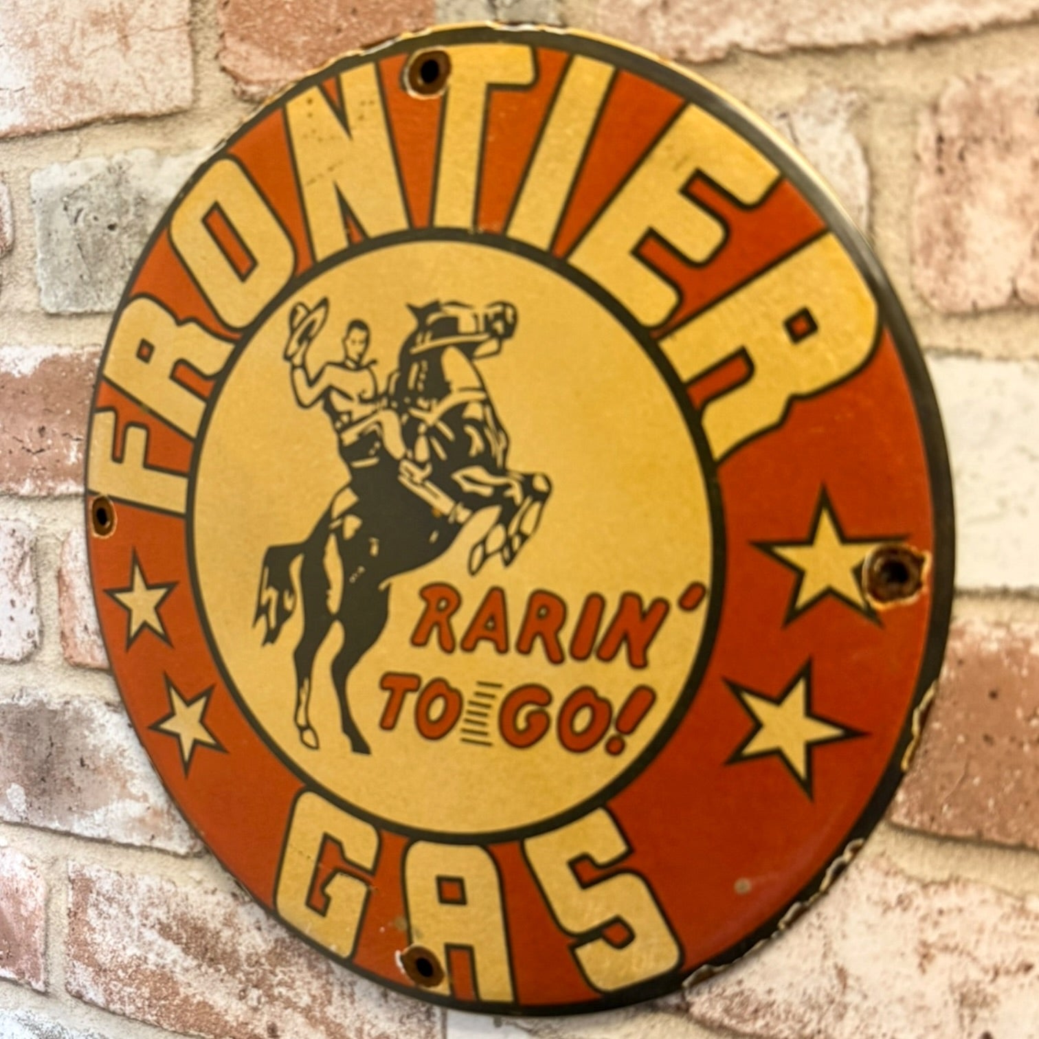 Frontier Gasoline Rarin' To Go Vintage Porcelain Enamel Metal Sign 12-Inch