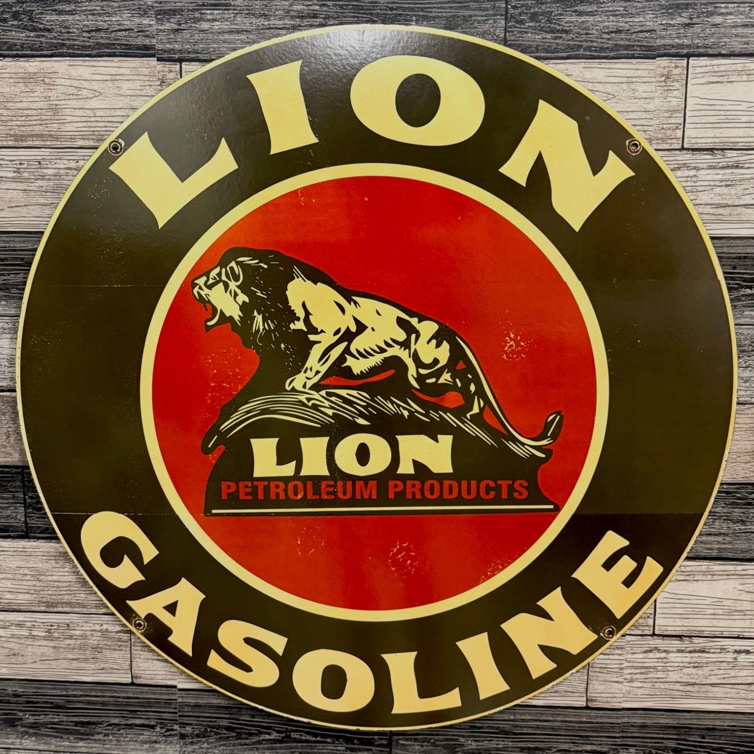 Lion Gasoline Large Porcelain Enamel Gas Station Sign
