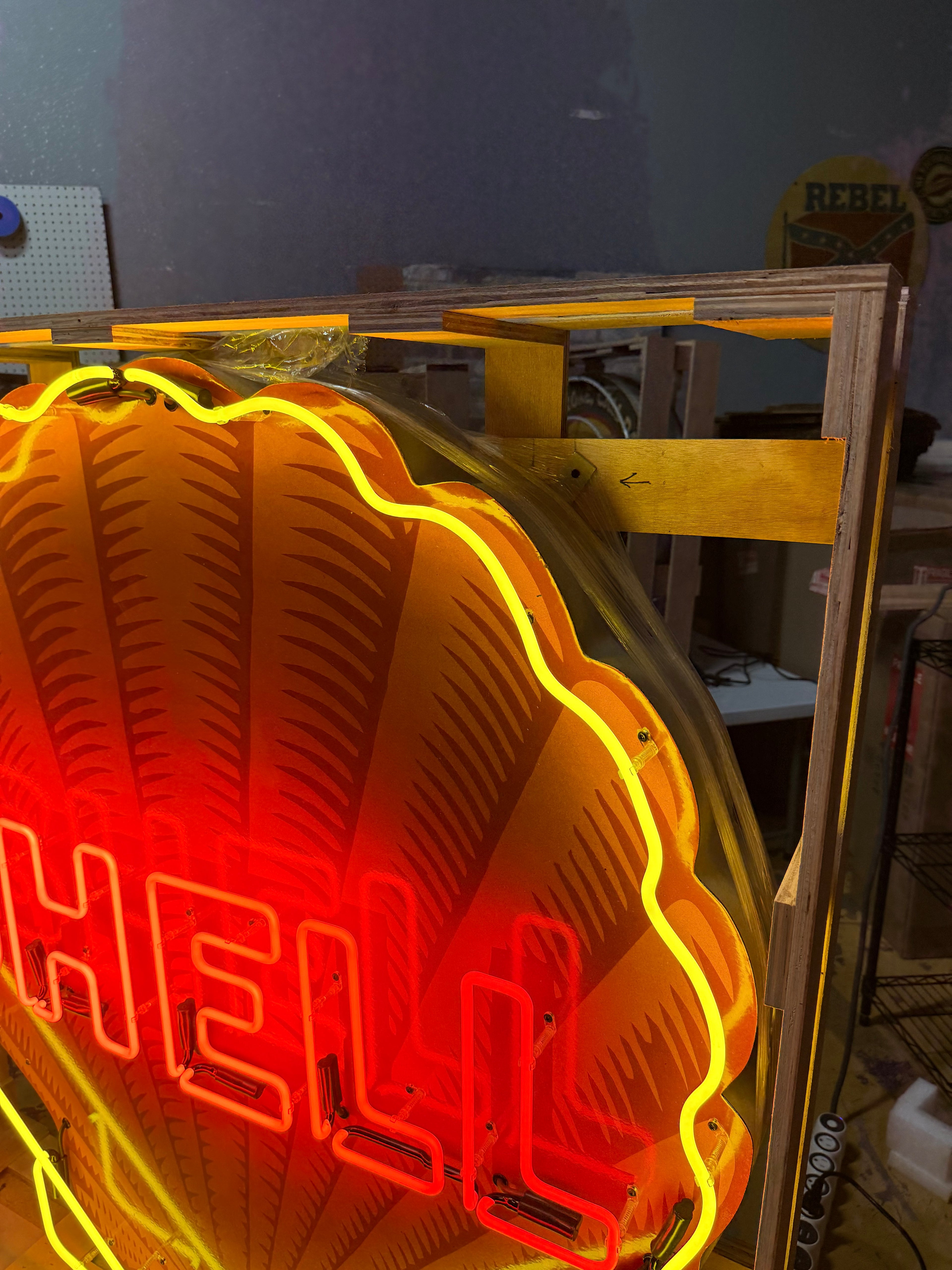 Shell Gasoline Scallop Neon Porcelain Die Cut Sign with Can