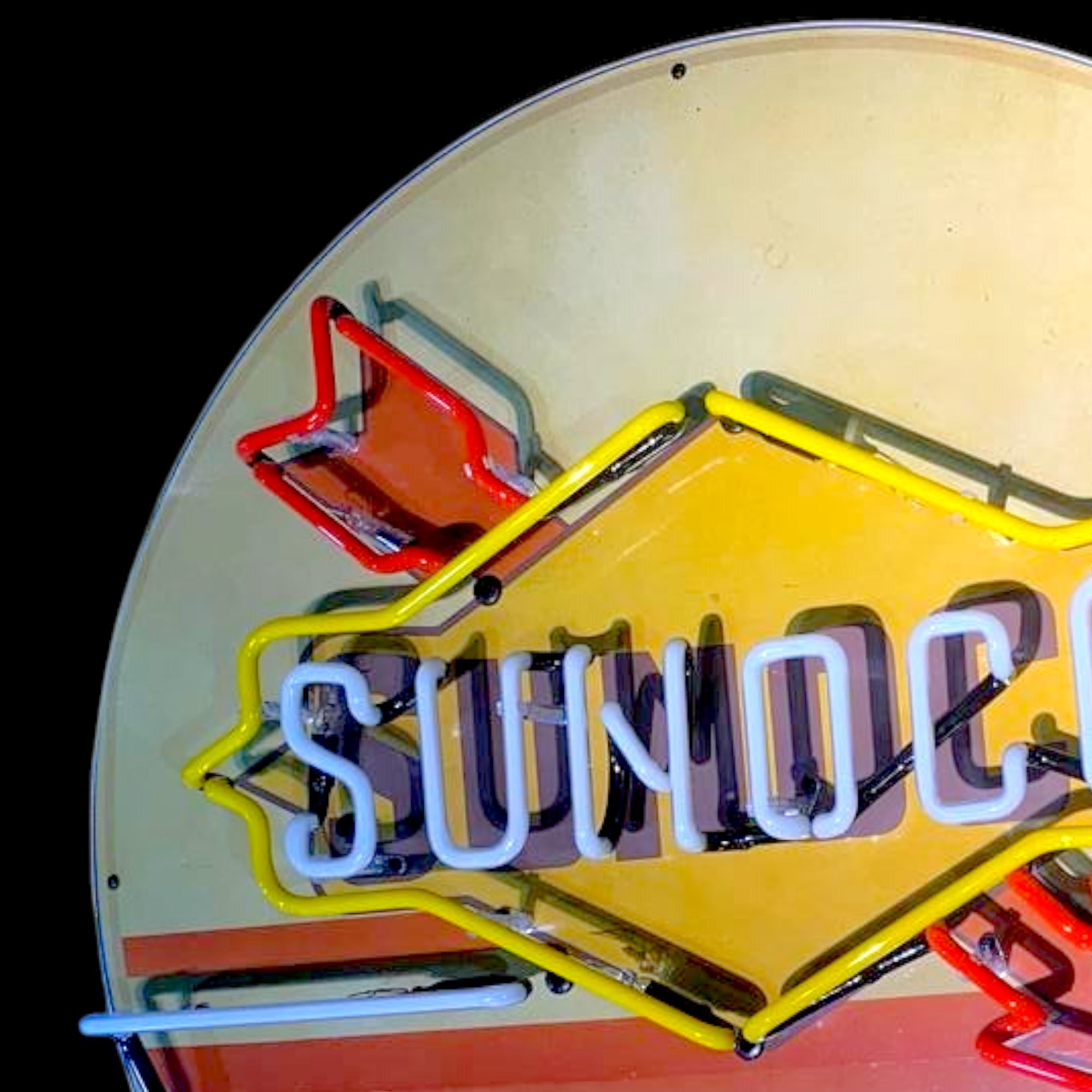 Sunoco Racing Gasoline Glass Neon Porcelain with Arrow and Steel Can