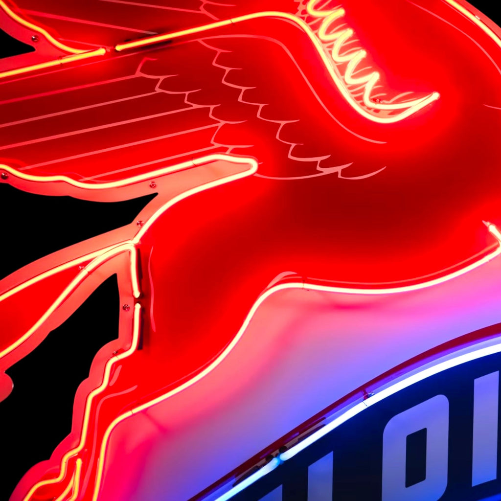 Large Mobiloil Neon Sign - Flying Horse Winged Pegasus, Real Glass, Porcelain, Right-Facing, Die Cut Steel Can - Vintage Gas Station Advertising Monument