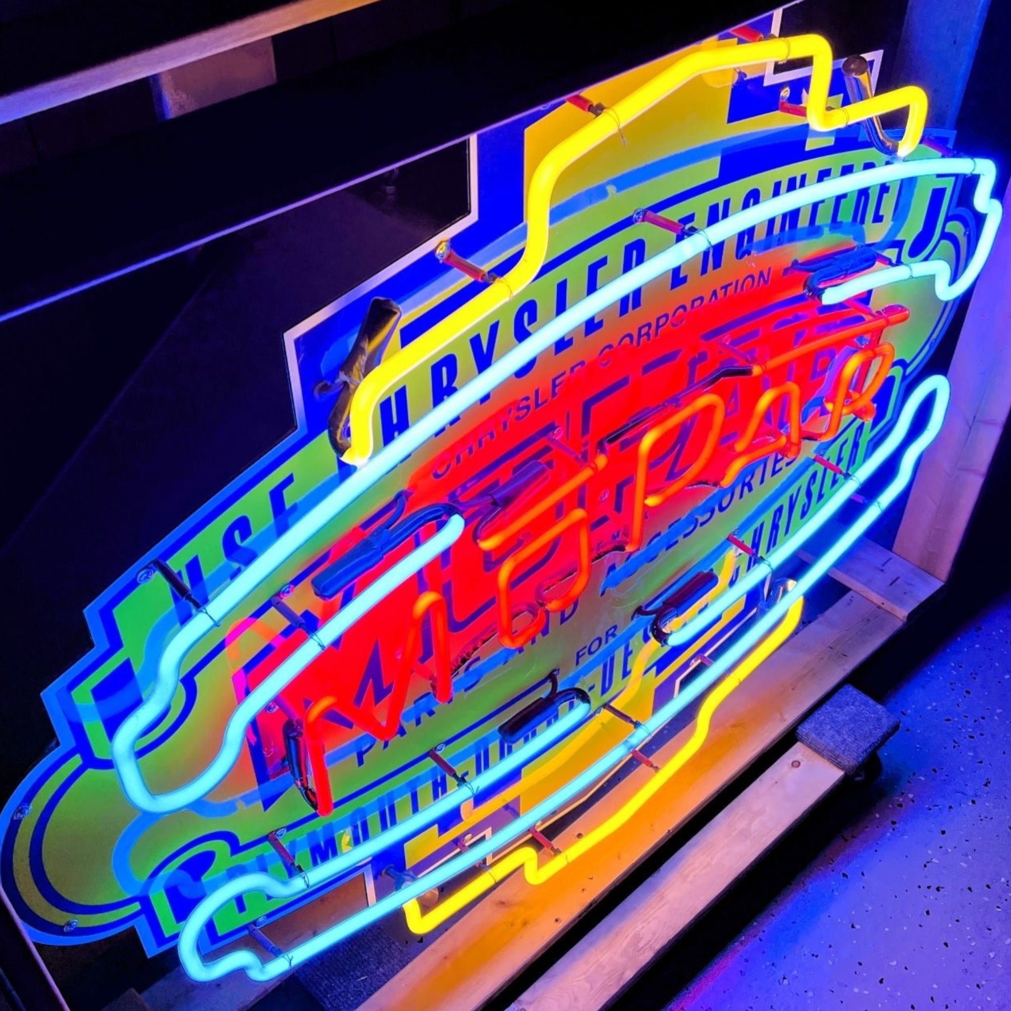 Mopar Parts Real Neon Sign - Die Cut Dealership Badge - Premium Glass & Porcelain with Can - Retro Automotive Advertising