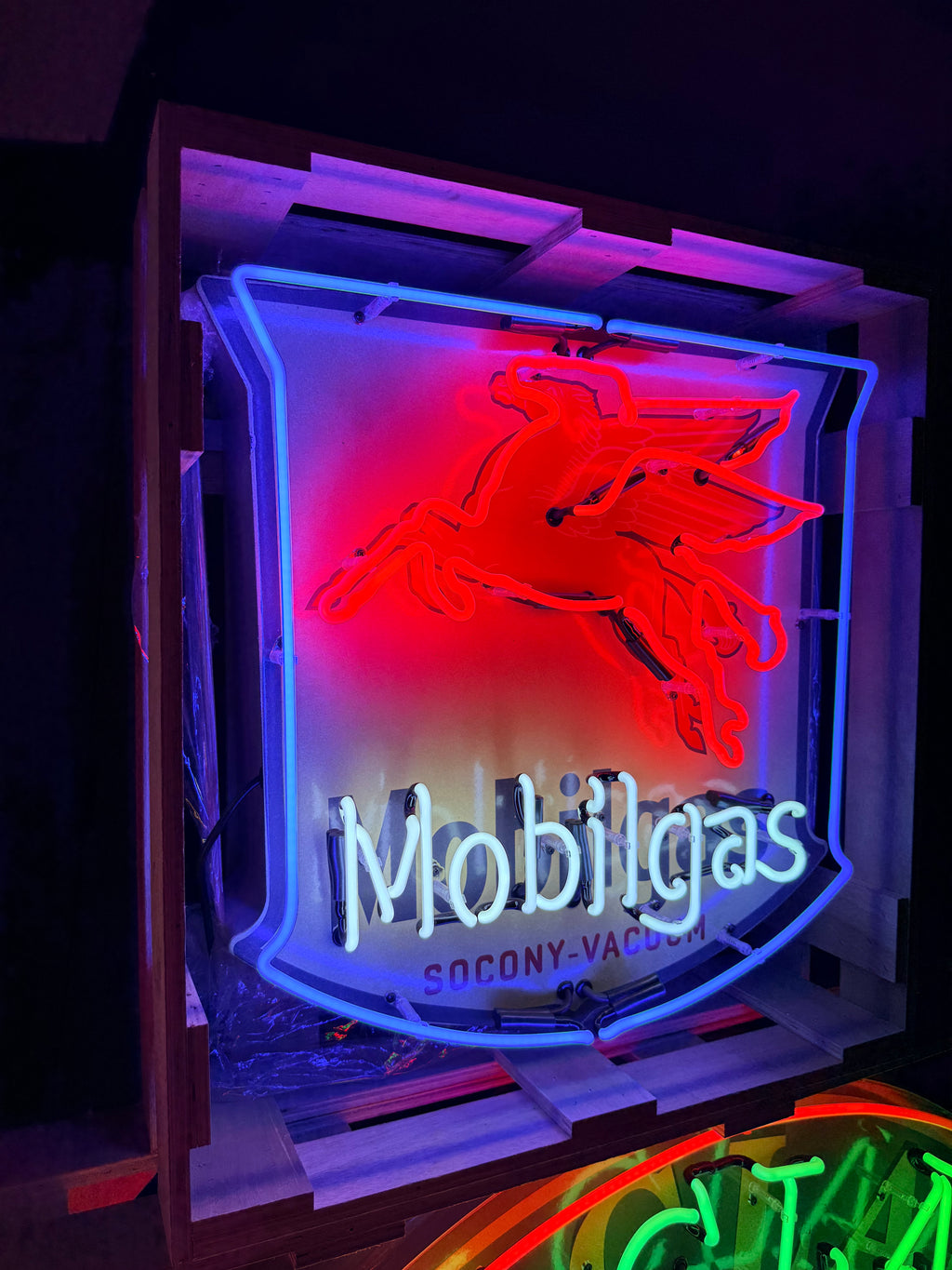 Mobilgas Pegasus Die Cut Shield Neon Porcelain Sign — Socony-Vacuum | Real Hand-Blown Glass & Porcelain