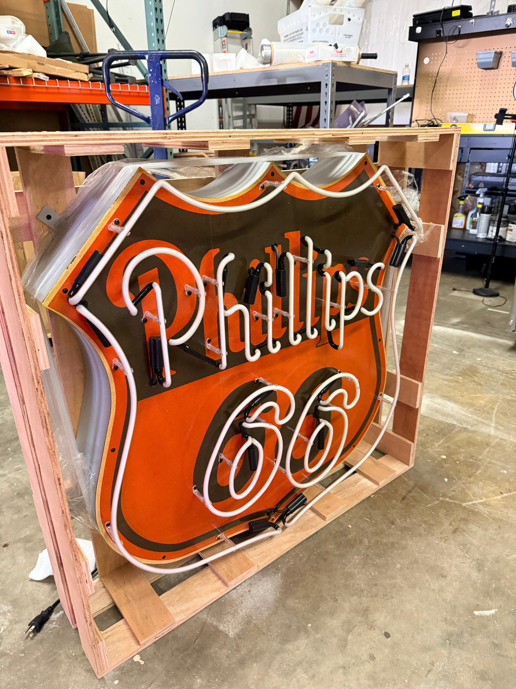 Phillips 66 U.S. Route Neon Porcelain Die Cut Shield Sign with Can