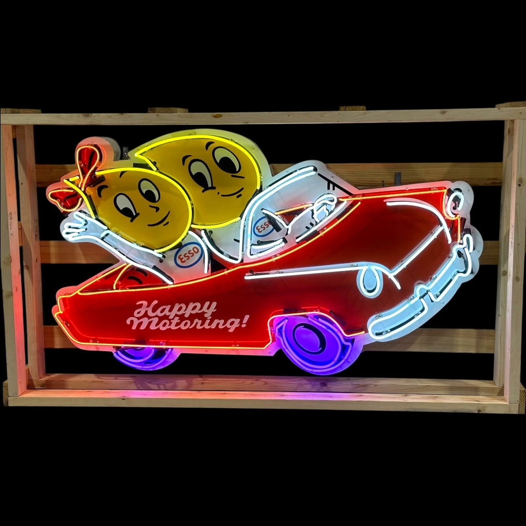 Esso Large Neon Sign - Die Cut Oil Drop Couple - Premium Glass & Porcelain with Can - Retro Gas Advertising