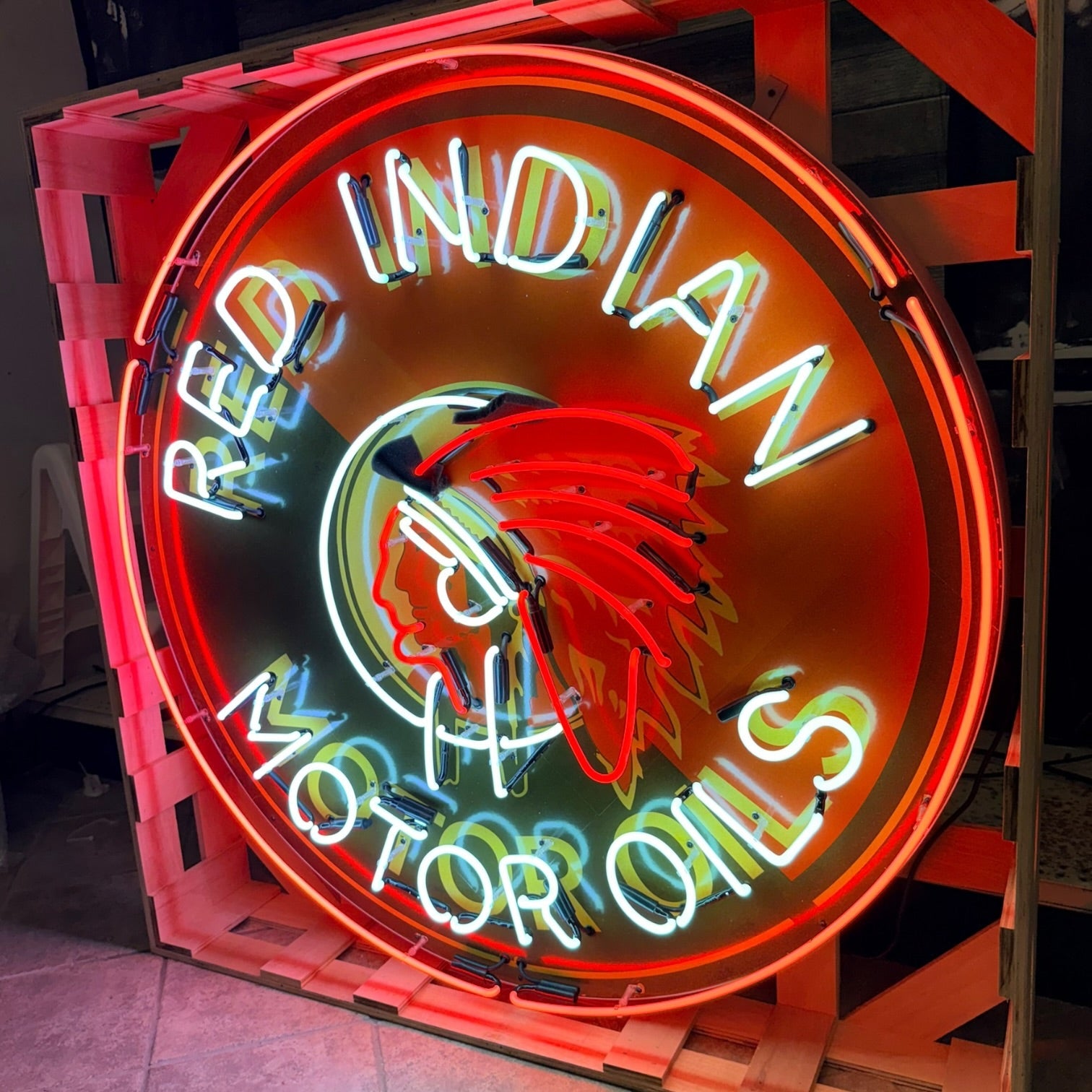 Red Indian Motor Oils Single-Sided Neon Porcelain Box Sign