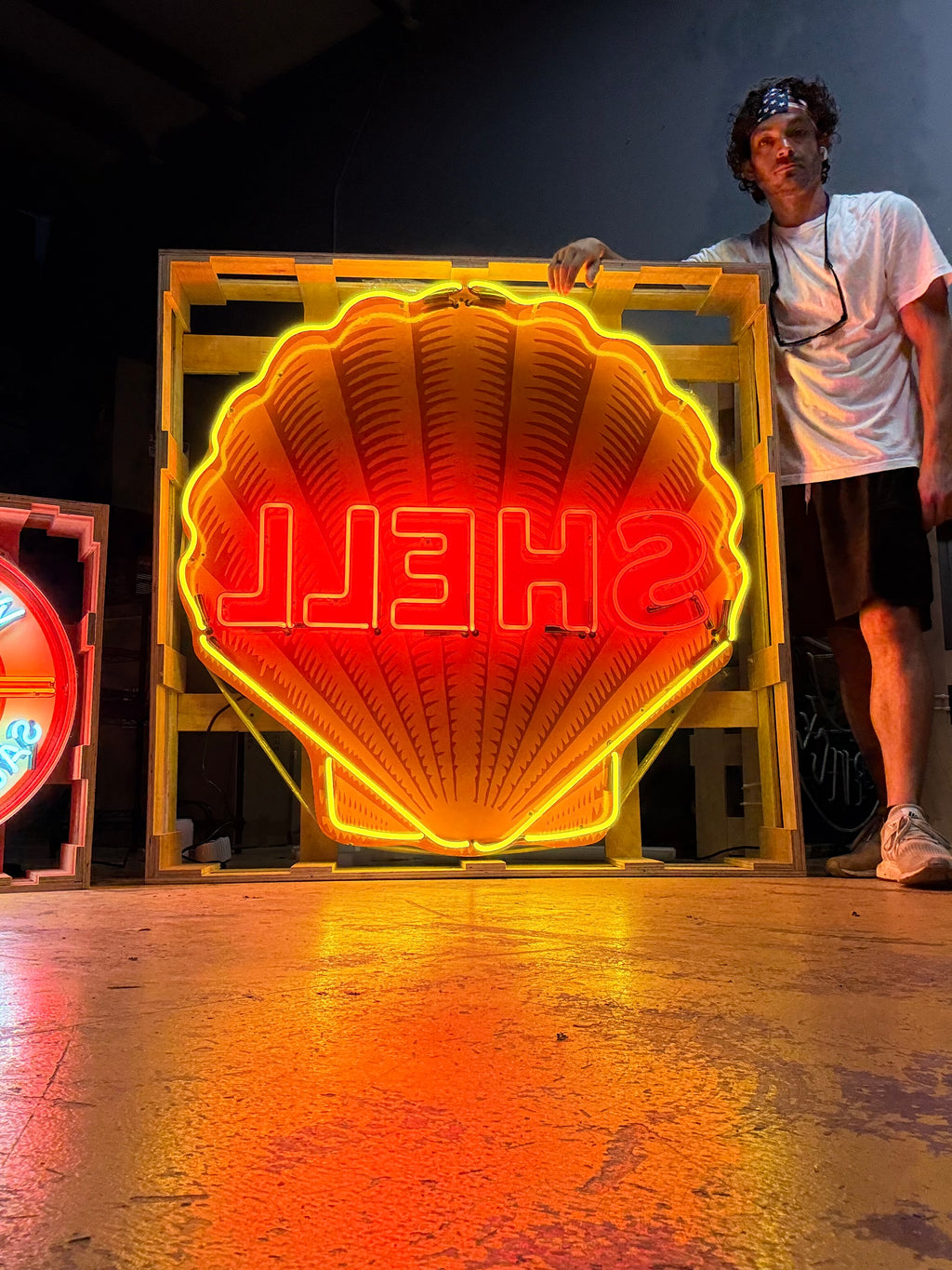 Shell Gasoline Scallop Neon Porcelain Die Cut Sign with Can