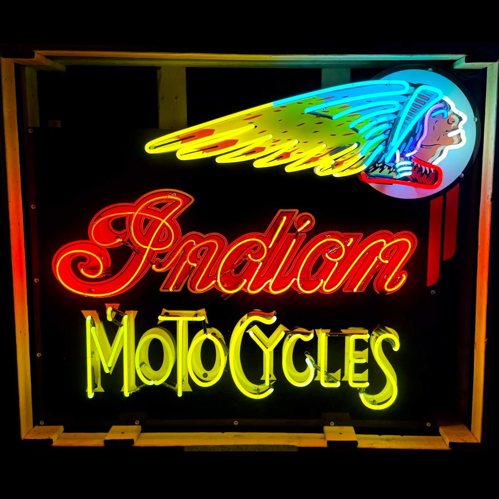 Indian Motocycles Iconic Headdress Neon Porcelain Die Cut Dealership Sign with Can