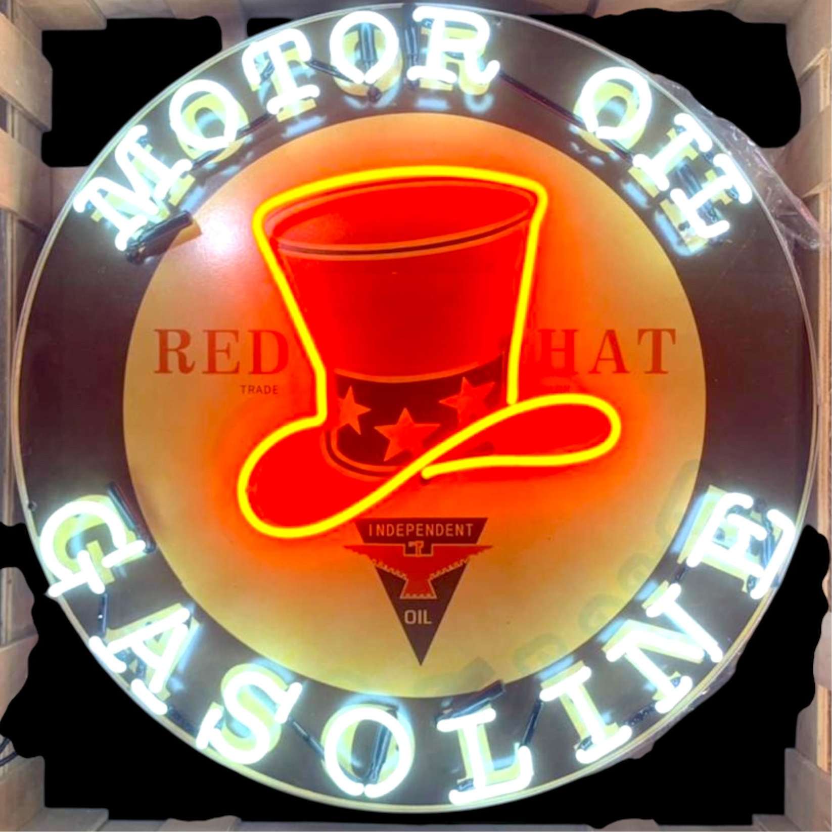 Red Hat Independent Motor Oil Neon Porcelain Enamel Sign