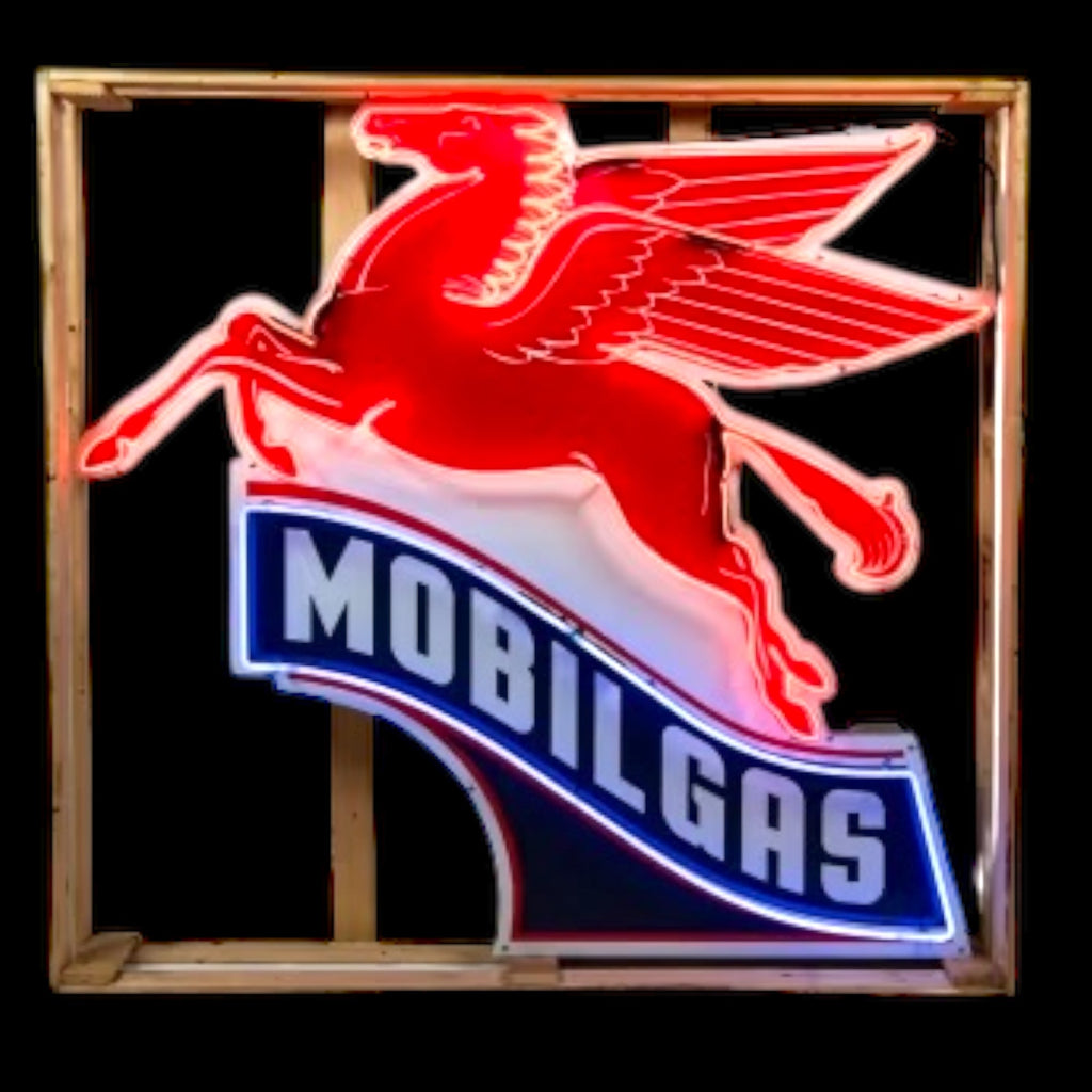 Large Mobilgas Pegasus Neon Sign - Real Glass, Porcelain, Left-Facing, Die Cut Steel Can - Vintage Light Up Gas Station Advertising