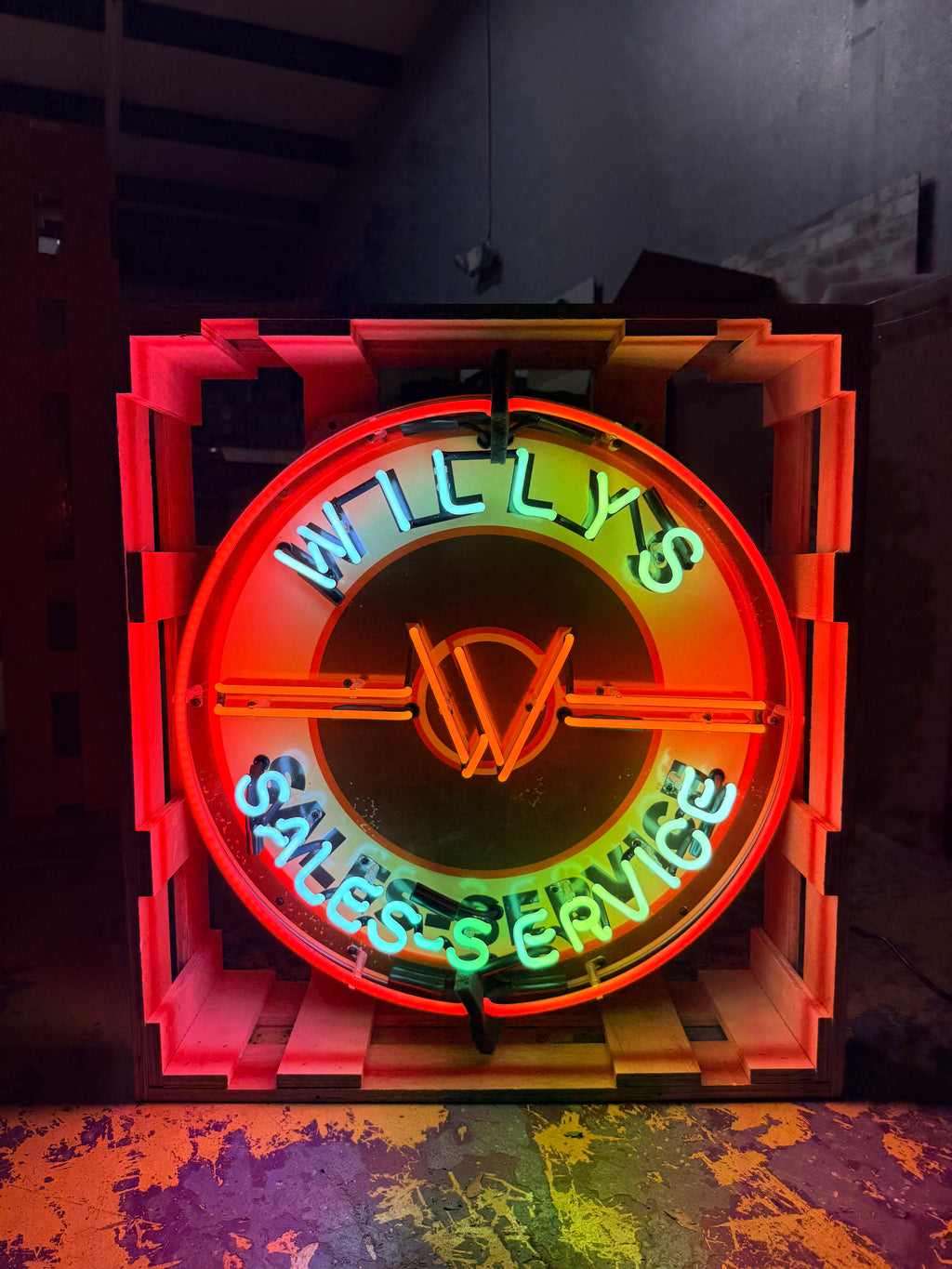 Willys Jeep Sales-Service Single-Sided Neon Porcelain Box Sign