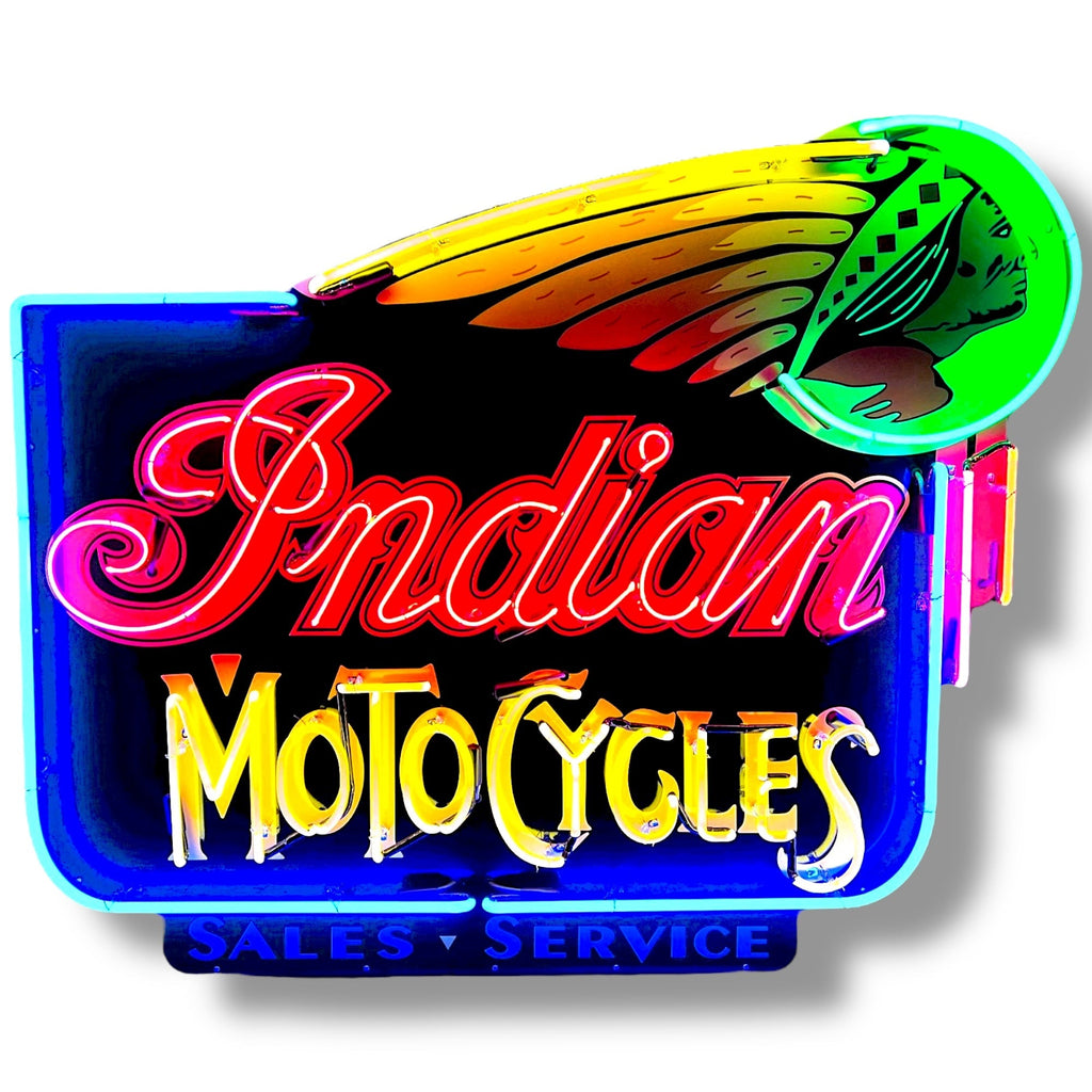 Indian Motocycles Sales & Service Neon Porcelain Dealership Sign with Can