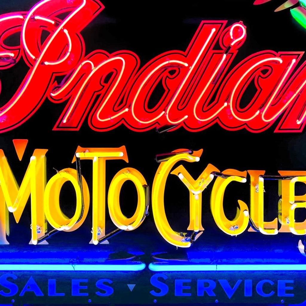 Indian Motocycles Sales & Service Neon Porcelain Dealership Sign with Can