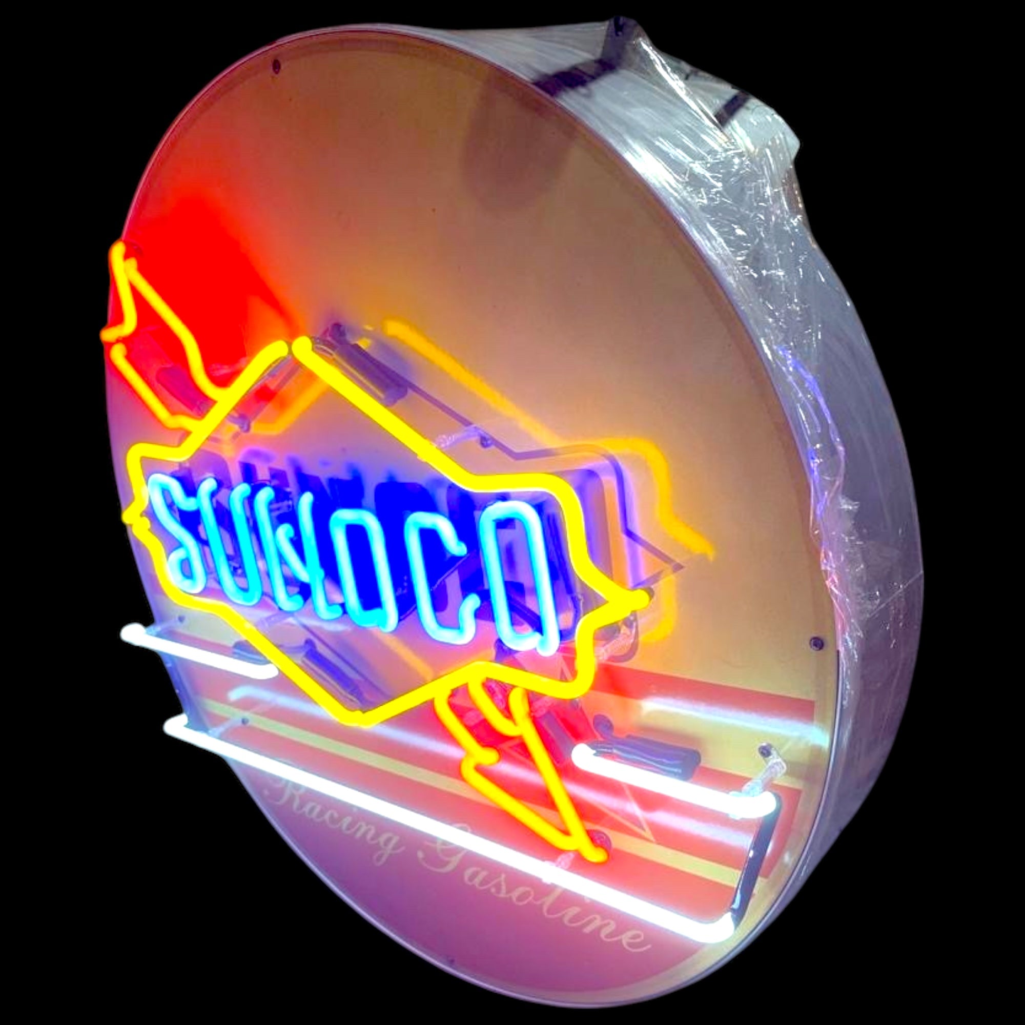Sunoco Racing Gasoline Glass Neon Porcelain with Arrow and Steel Can