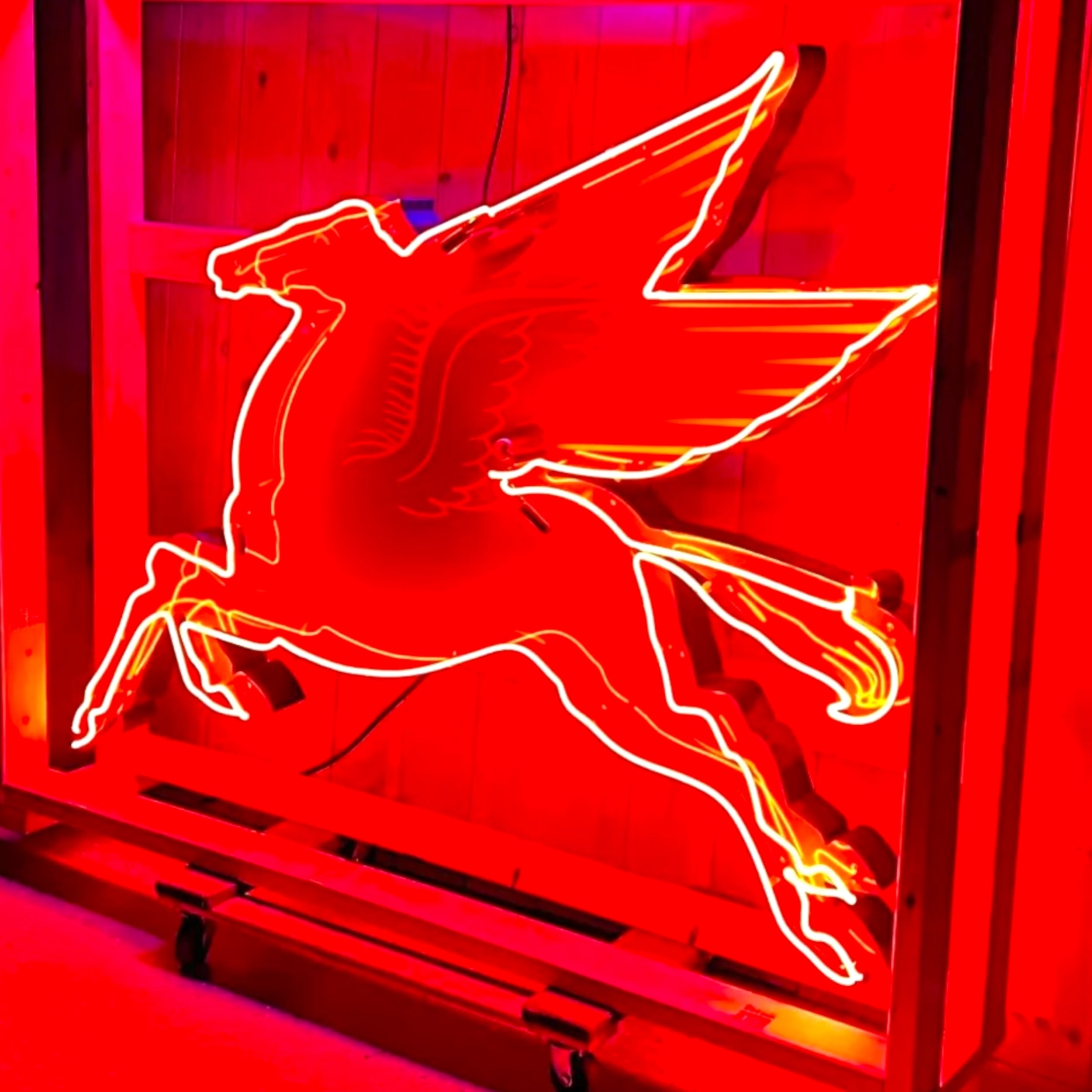 XL Pegasus Real Neon Sign - Vintage Mobil Gas Station Reproduction - Die Cut, Glass, Porcelain, Steel Can