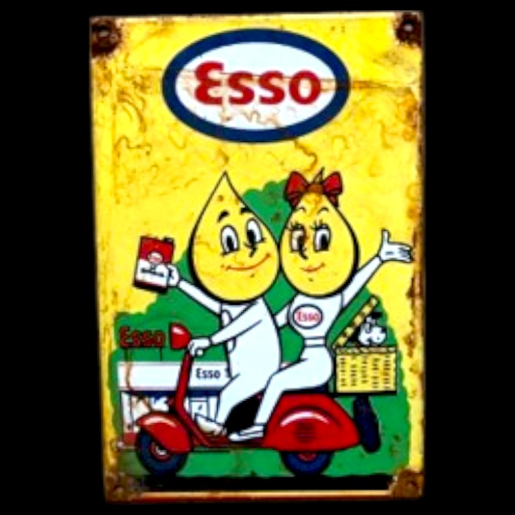 Esso Couple on Scooter Porcelain Enamel Vintage Metal Reproduction