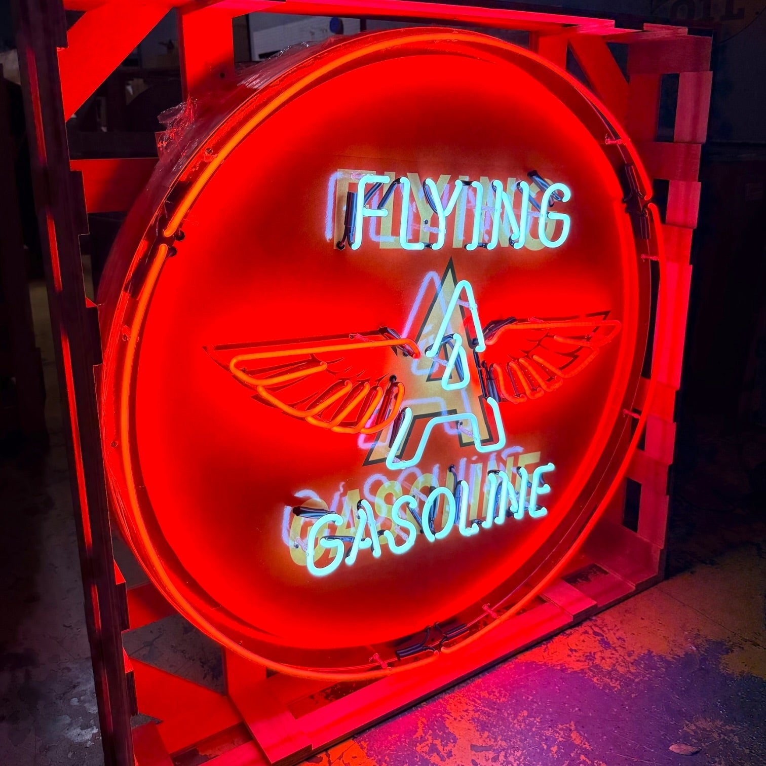 Flying A Gasoline Single-Sided Neon Porcelain Box Sign