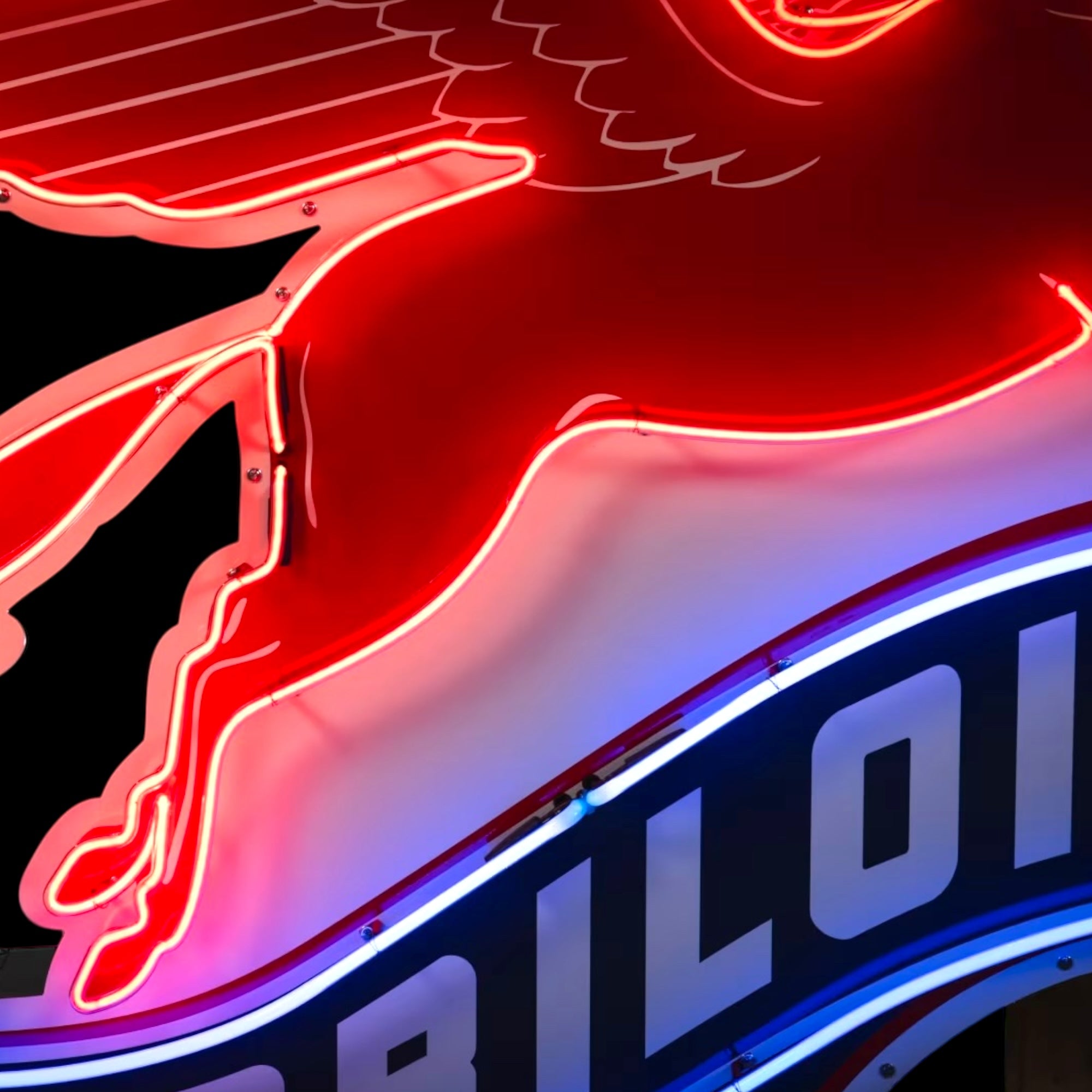 Large Mobiloil Neon Sign - Flying Horse Winged Pegasus, Real Glass, Porcelain, Right-Facing, Die Cut Steel Can - Vintage Gas Station Advertising Monument