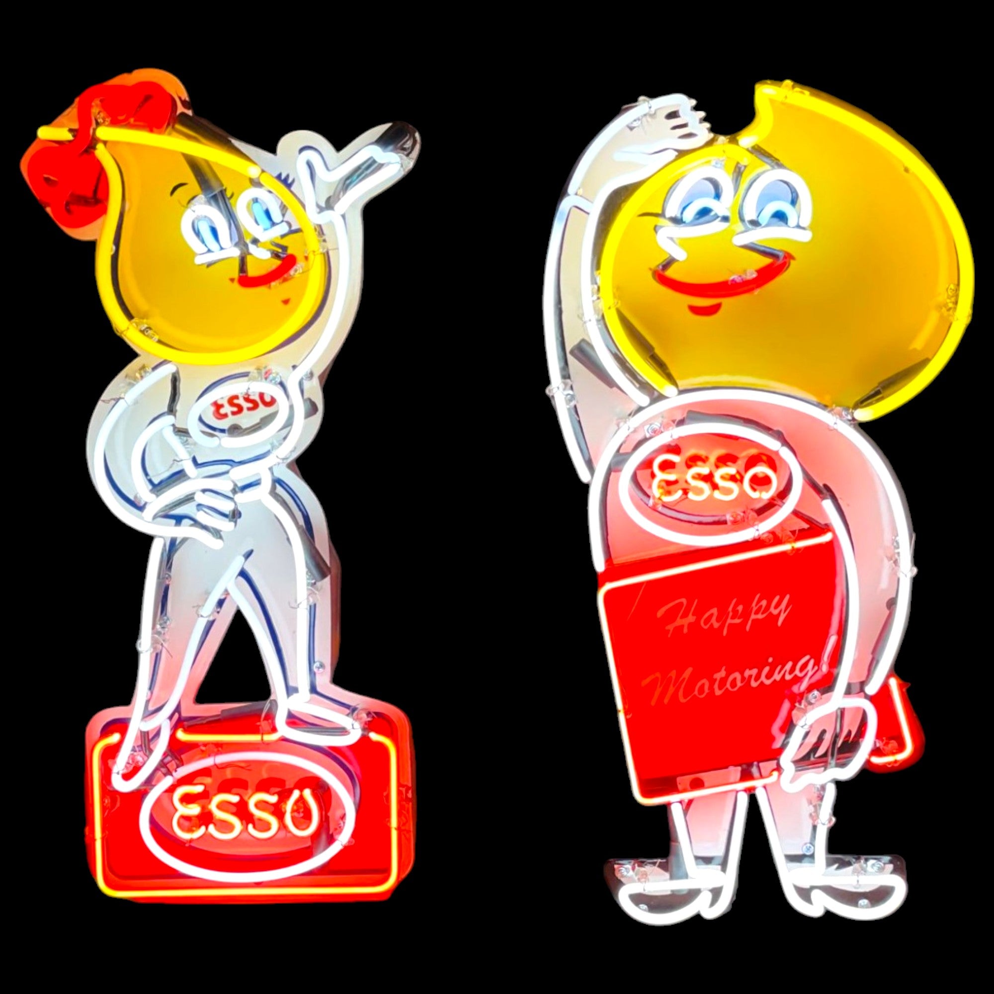 2pc Set Esso Oil Drop Neon Porcelain Die Cut Character Signs with Can