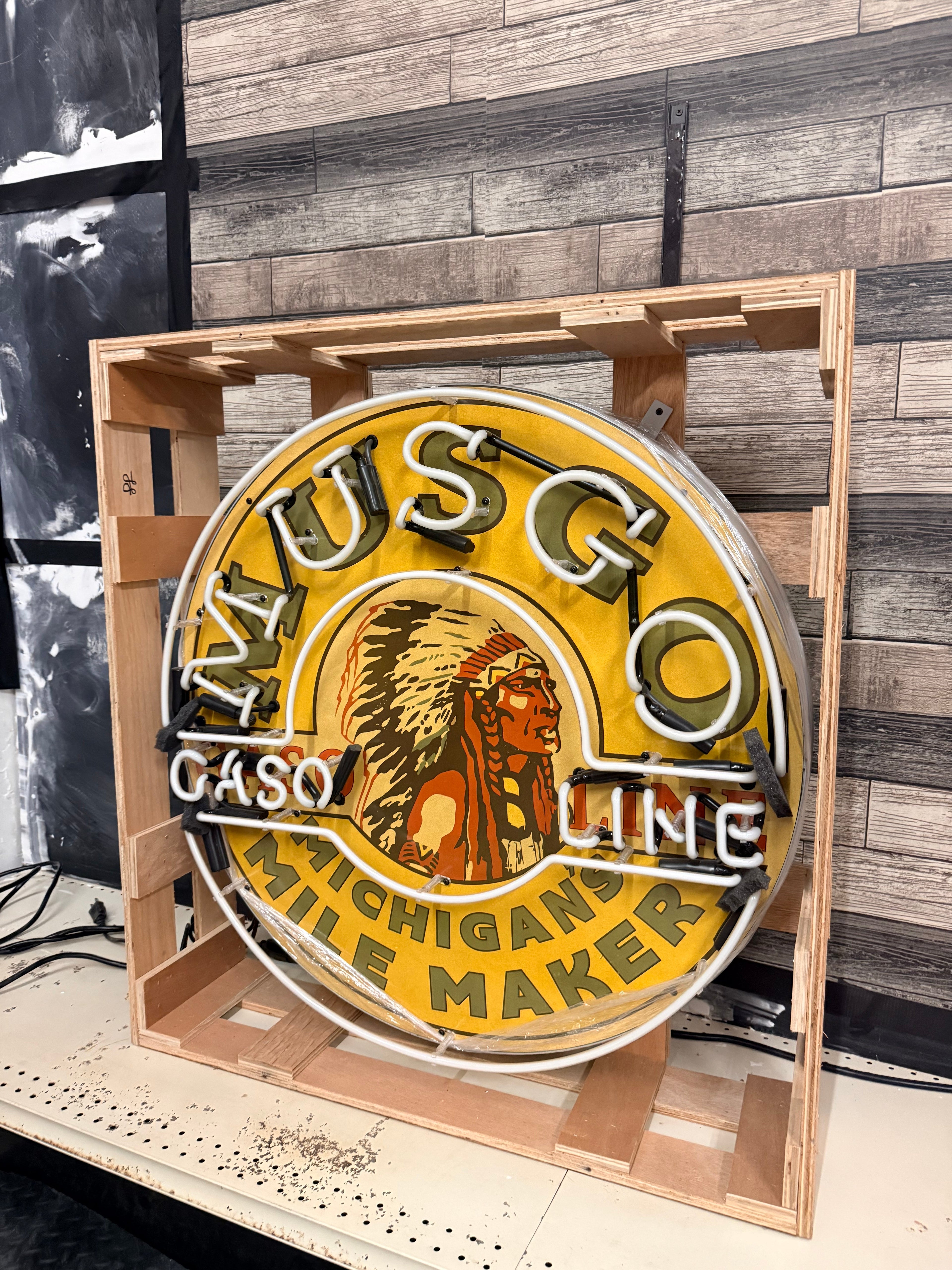 Musgo Gasoline Michigan Mile Maker Single-Sided Neon Porcelain Box Sign