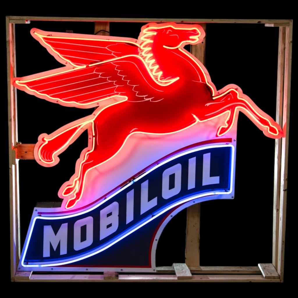 Large Mobiloil Neon Sign - Flying Horse Winged Pegasus, Real Glass, Porcelain, Right-Facing, Die Cut Steel Can - Vintage Gas Station Advertising Monument