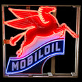Large Mobiloil Neon Sign - Flying Horse Winged Pegasus, Real Glass, Porcelain, Right-Facing, Die Cut Steel Can - Vintage Gas Station Advertising Monument