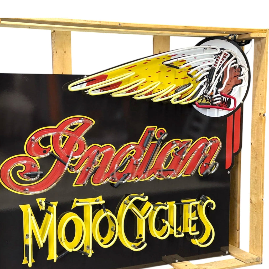 Indian Motocycles Iconic Headdress Neon Porcelain Die Cut Dealership Sign with Can