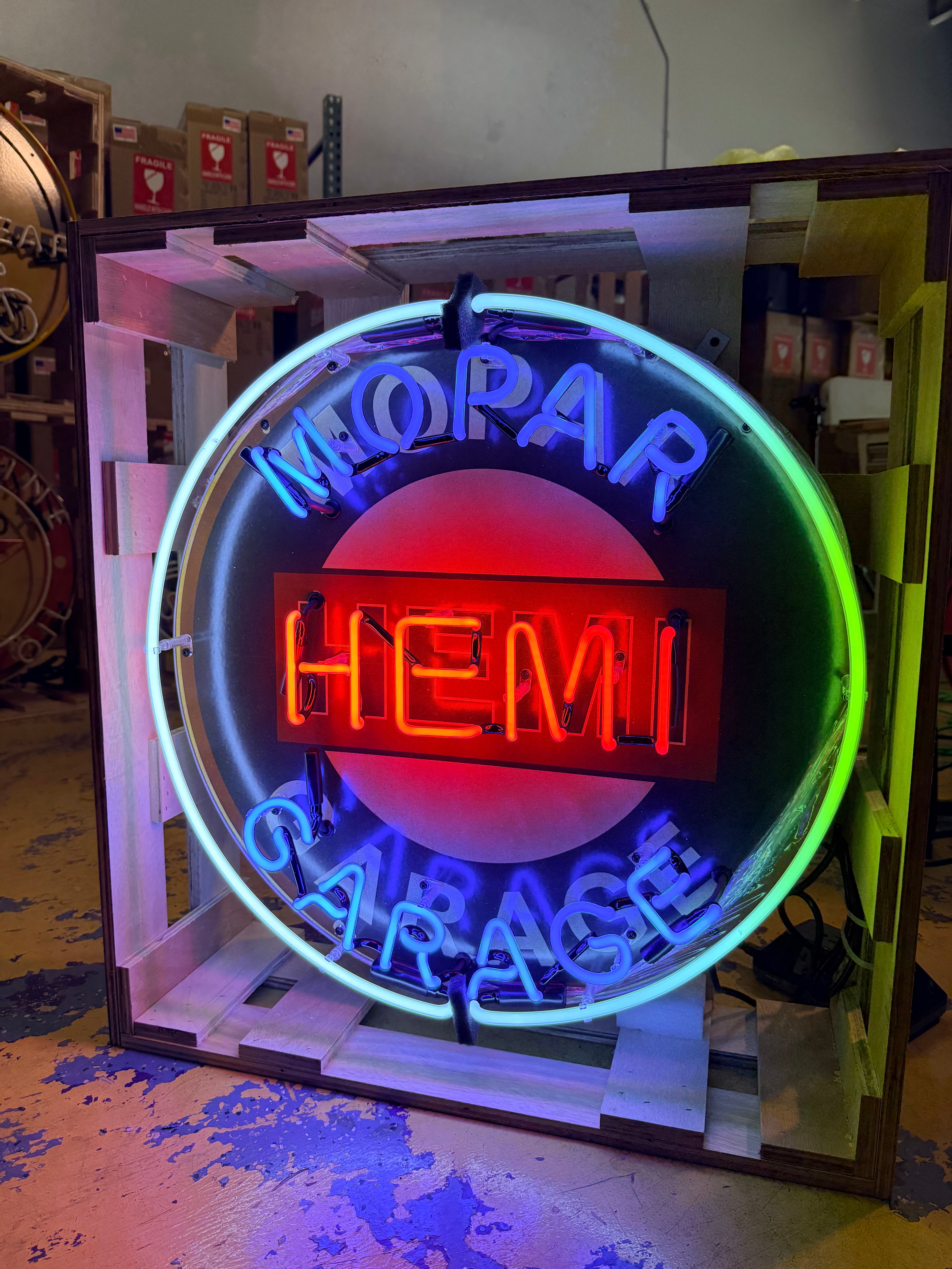 Mopar Hemi Garage Single-Sided Neon Porcelain Box Sign