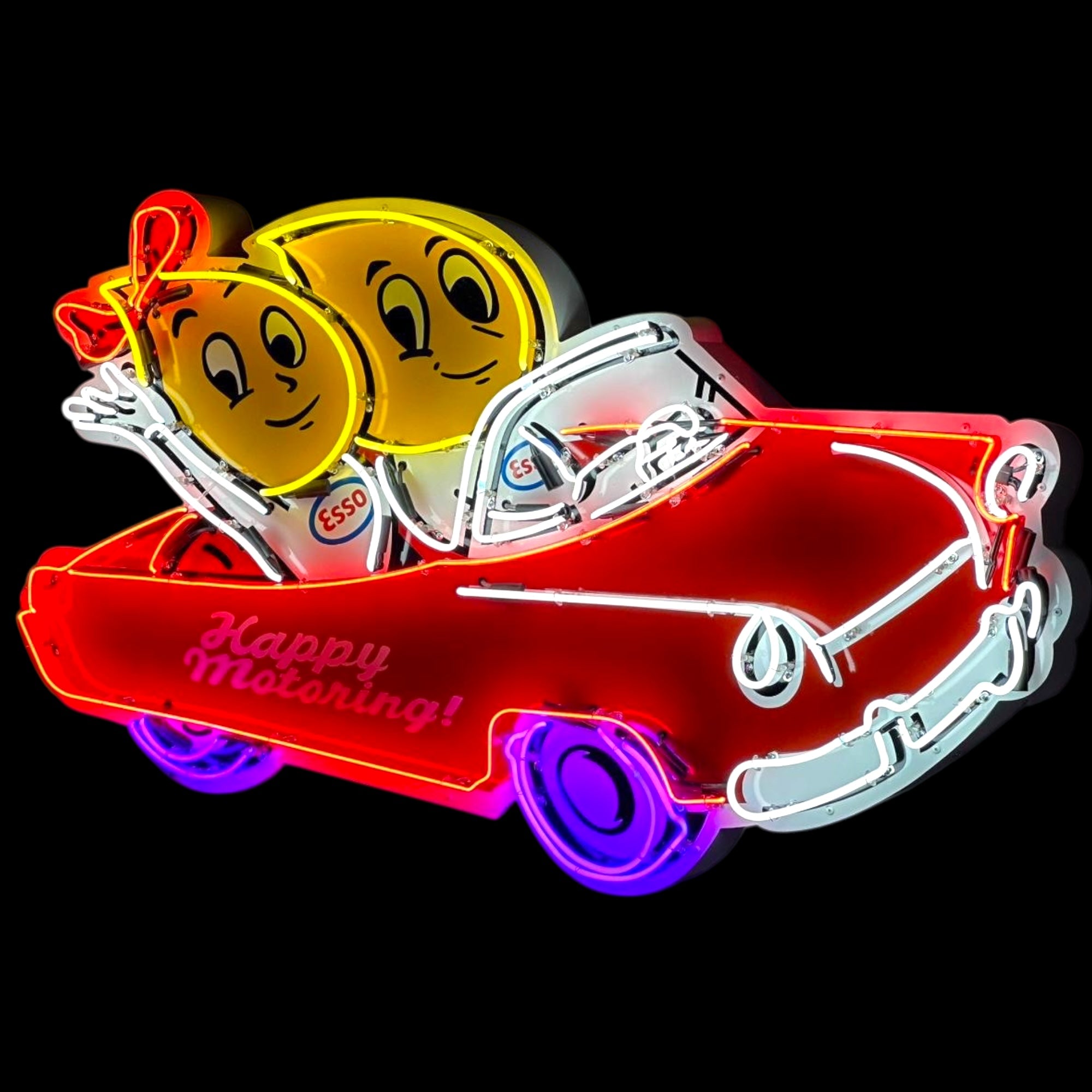 Esso Large Neon Sign - Die Cut Oil Drop Couple - Premium Glass & Porcelain with Can - Retro Gas Advertising