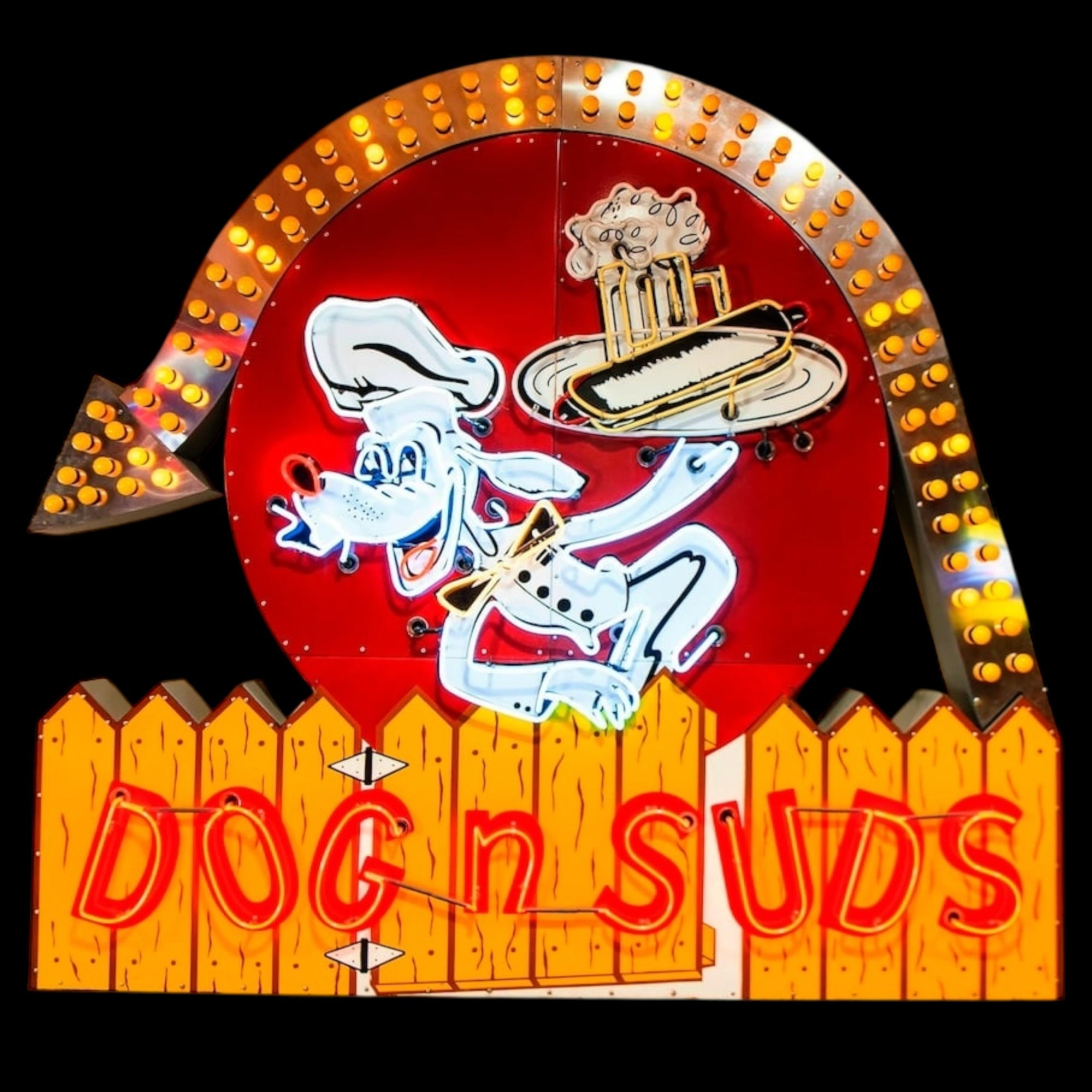 Dog N Suds Root Beer - Glass Neon Marquee Arrow Sign with Metal Can - Large Vintage Reproduction 48"/60”/72”/84” XL Replica