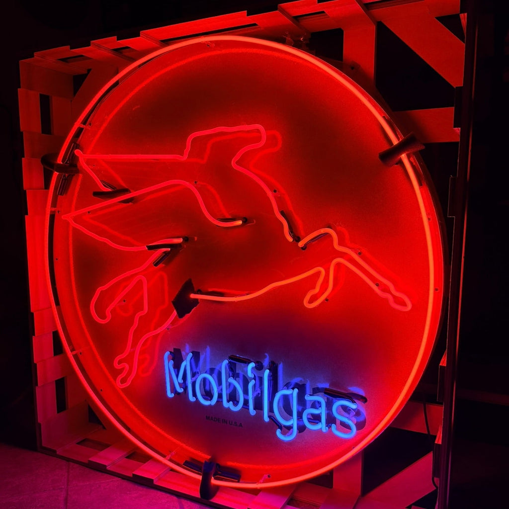 Large Mobilgas Round Neon Porcelain - Vintage Pegasus Red Flying Horse - Glass Wall Light with Steel Can Gas Advertisement