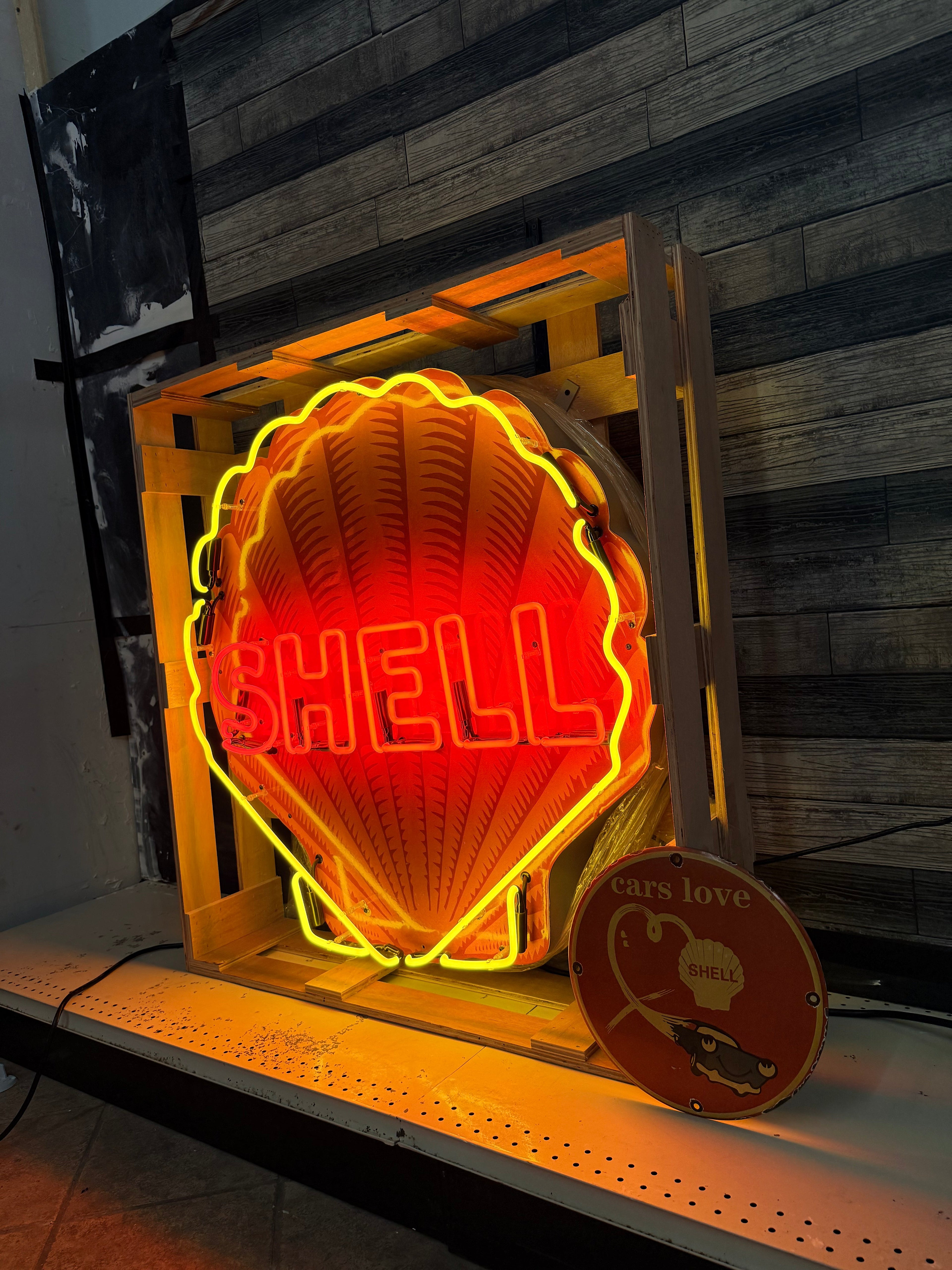 Shell Gasoline Scallop Neon Porcelain Die Cut Sign with Can