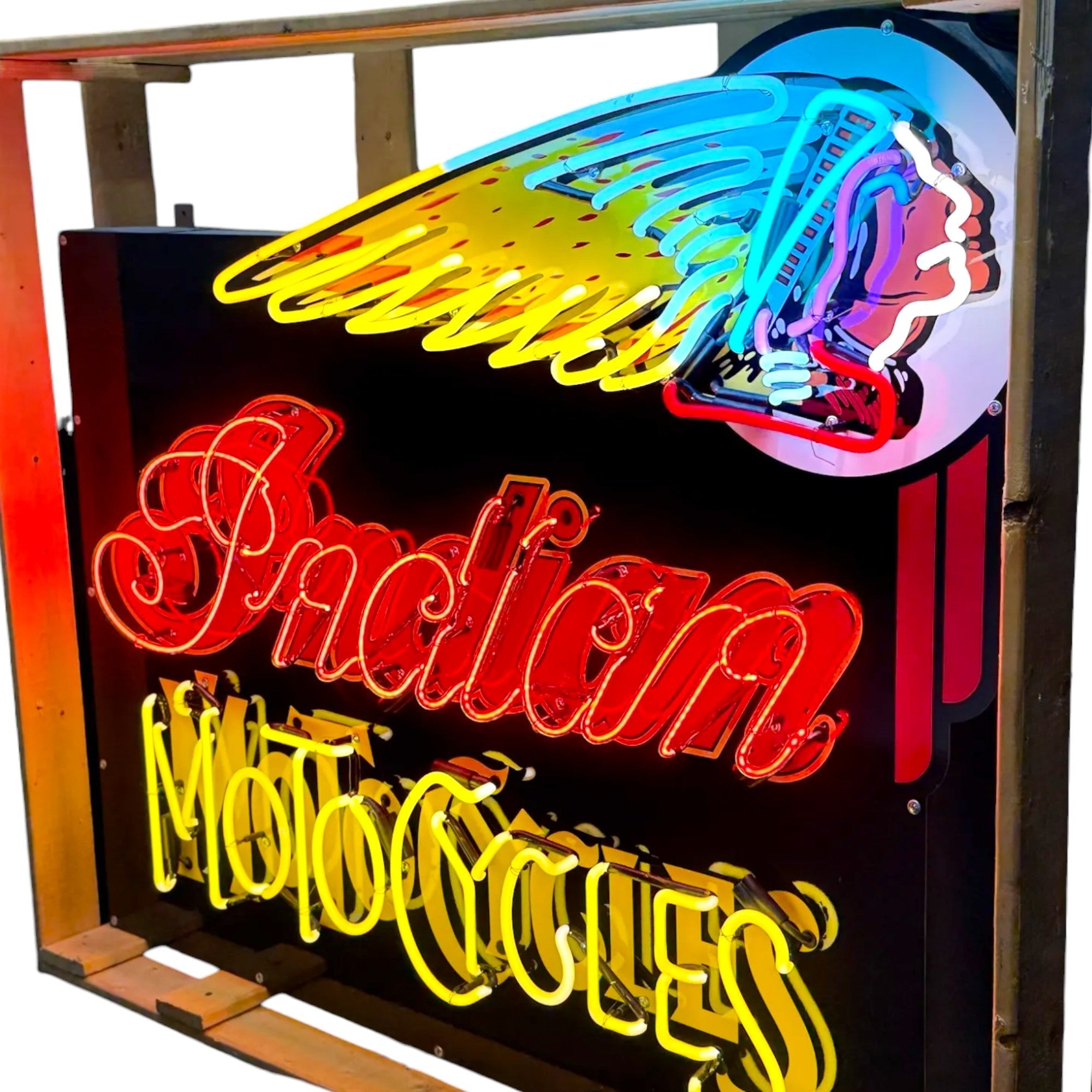 Indian Motocycles Iconic Headdress Neon Porcelain Die Cut Dealership Sign with Can