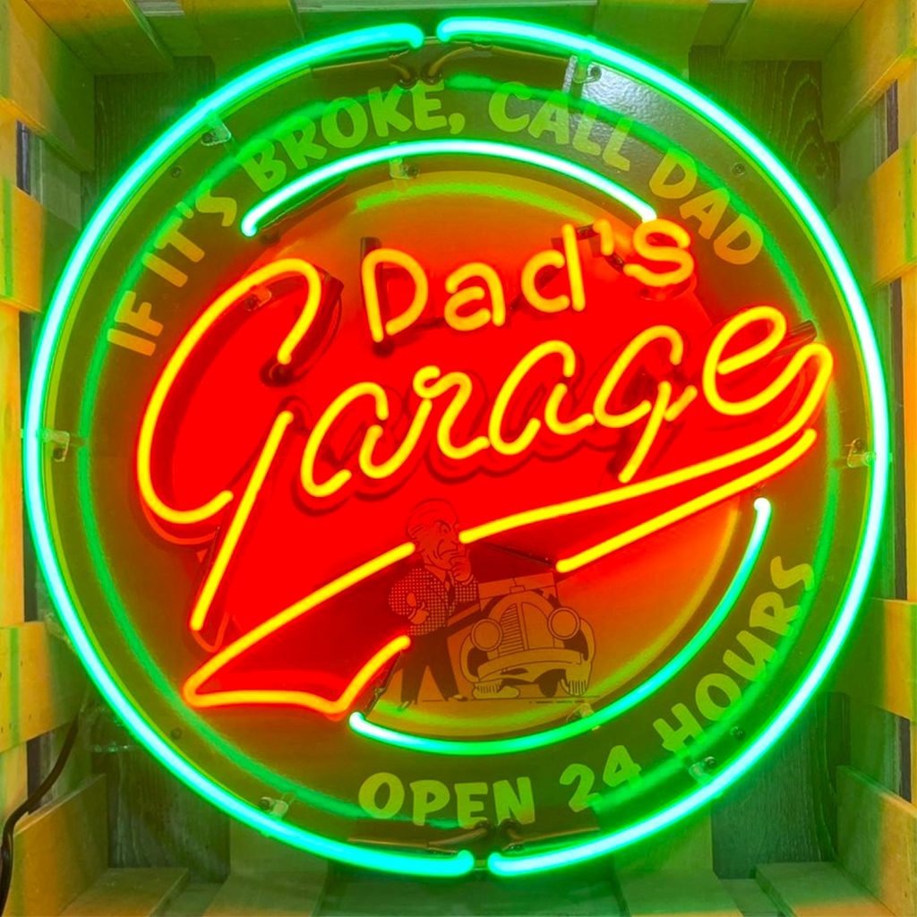 Dad's Garage Open 24 Hours Single-Sided Neon Porcelain Box Sign