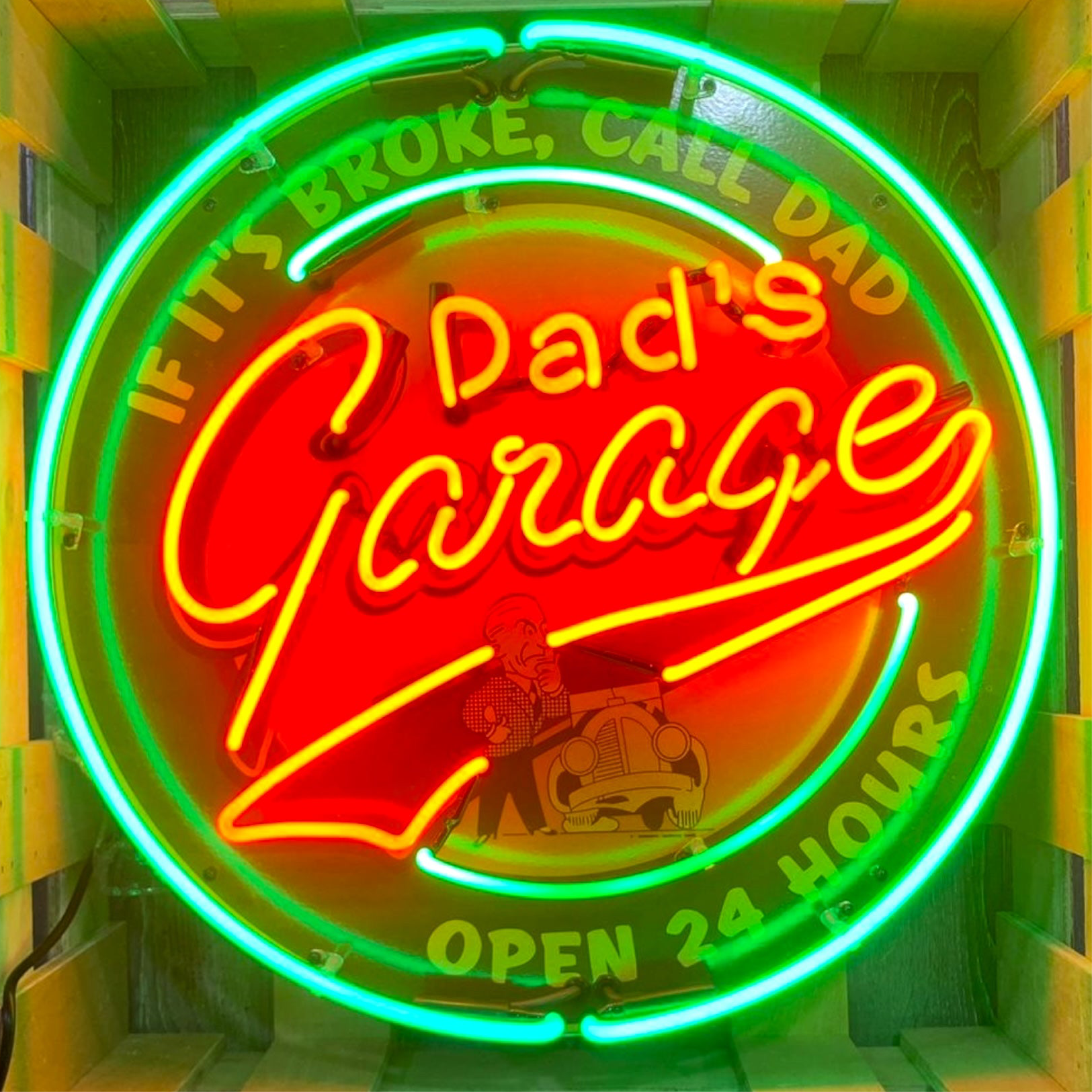Dad's Garage Open 24 Hours Single-Sided Neon Porcelain Box Sign