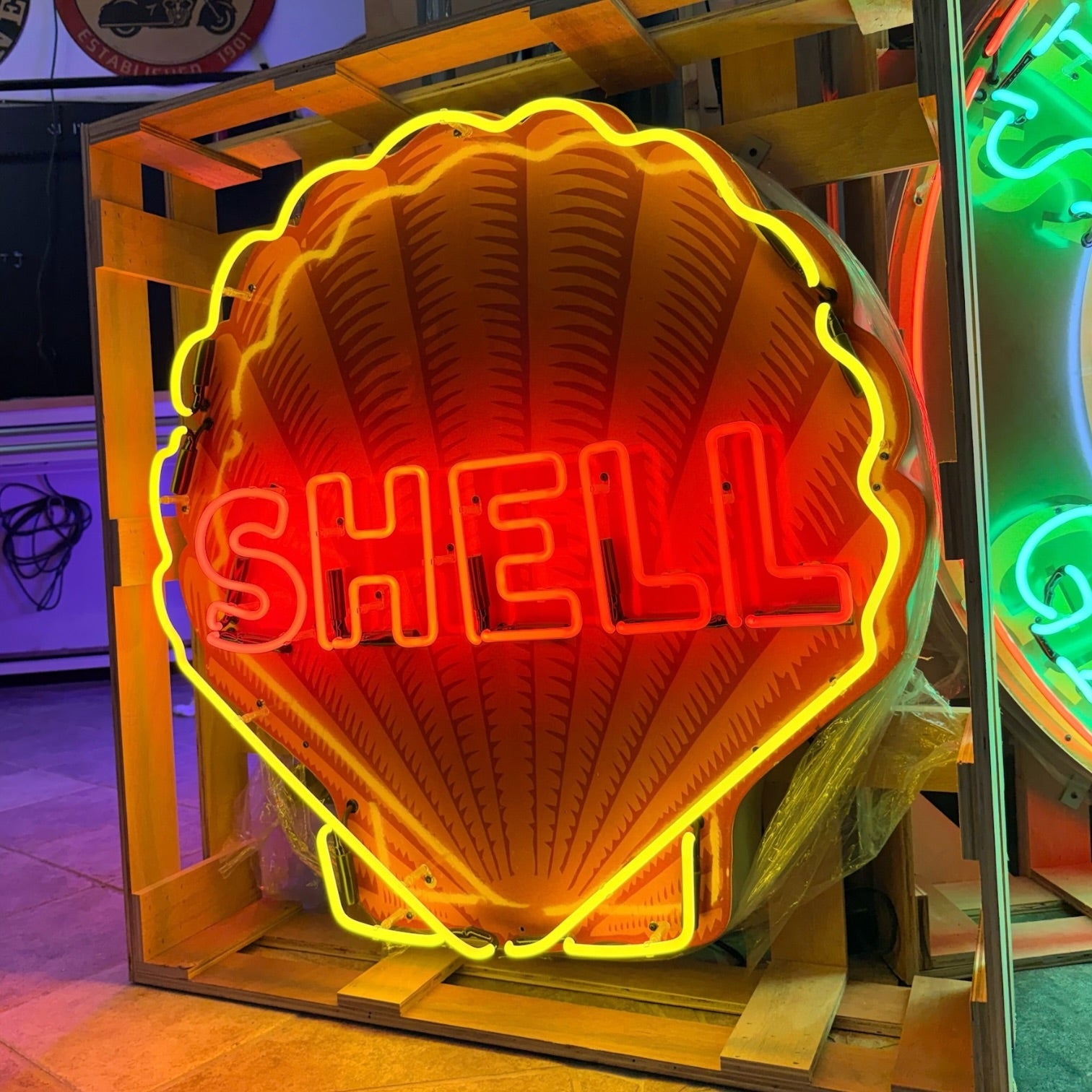 Shell Gasoline Scallop Neon Porcelain Die Cut Sign with Can
