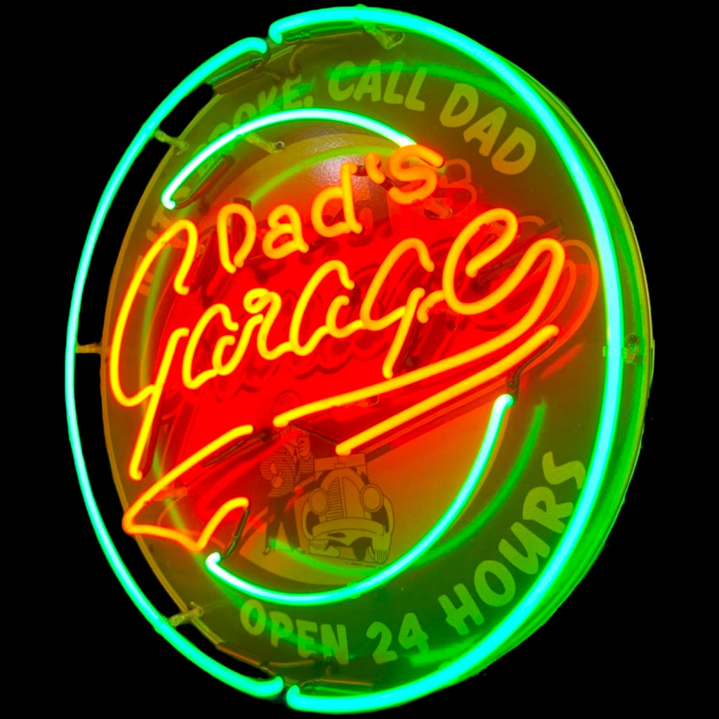 Dad's Garage Open 24 Hours Single-Sided Neon Porcelain Box Sign