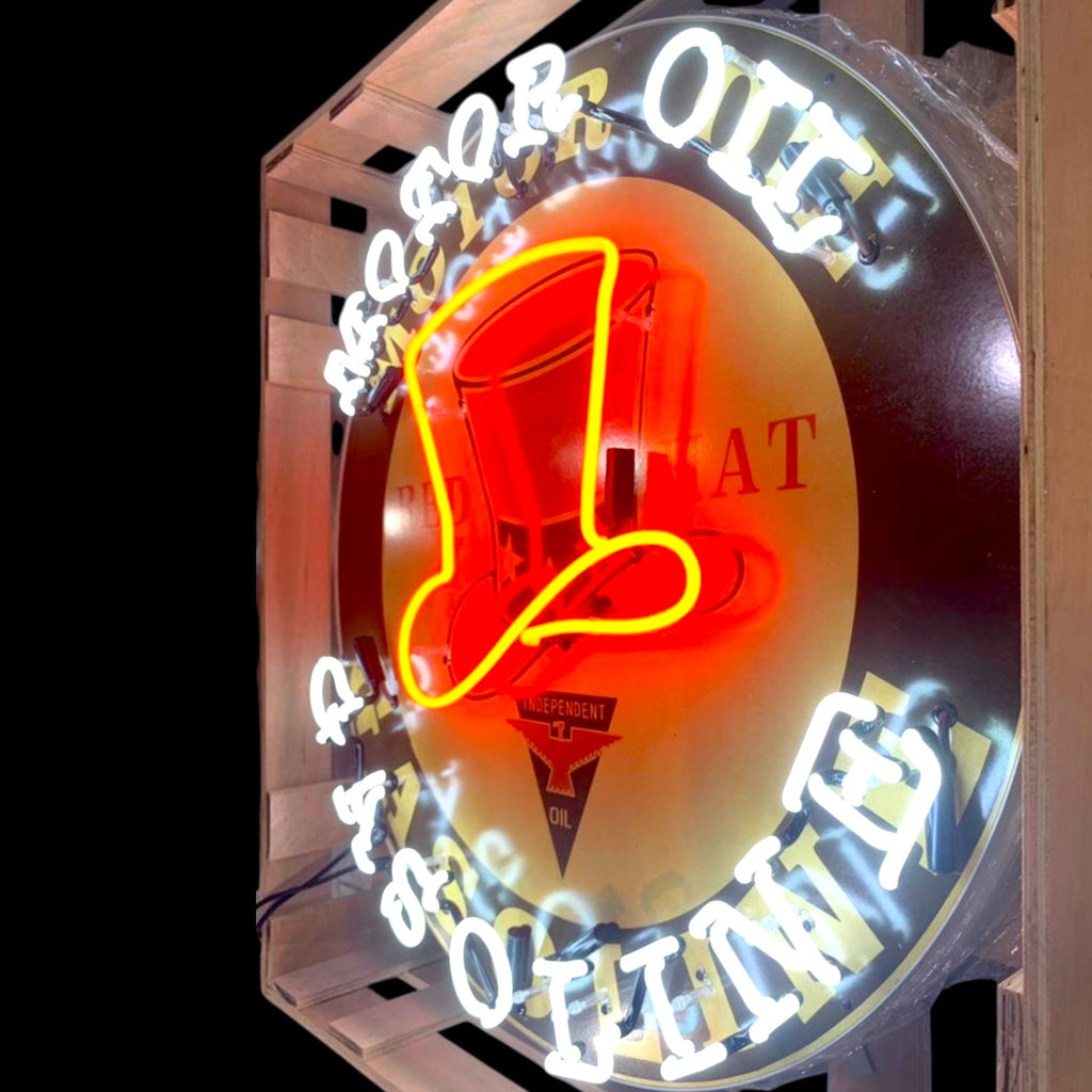 Red Hat Independent Motor Oil Neon Porcelain Enamel Sign