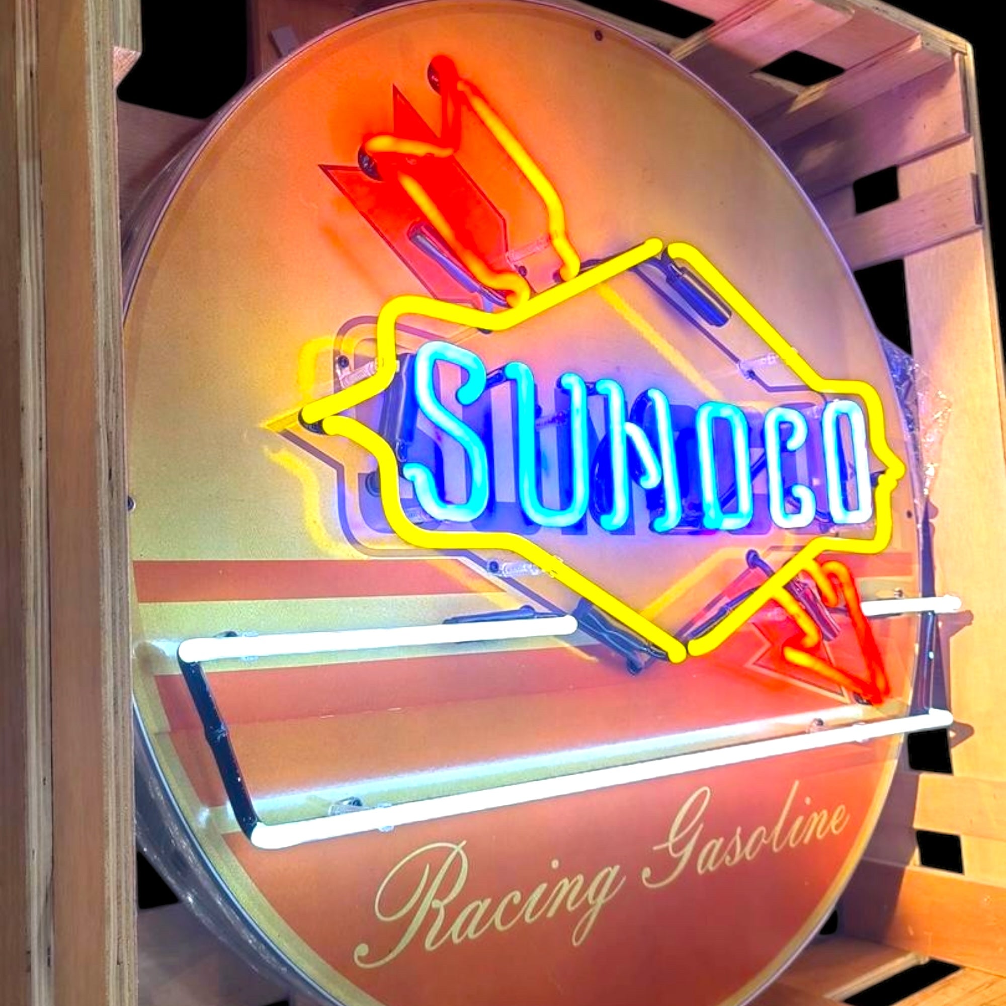 Sunoco Racing Gasoline Glass Neon Porcelain with Arrow and Steel Can