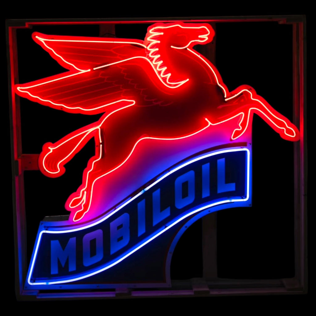 Large Mobiloil Neon Sign - Flying Horse Winged Pegasus, Real Glass, Porcelain, Right-Facing, Die Cut Steel Can - Vintage Gas Station Advertising Monument
