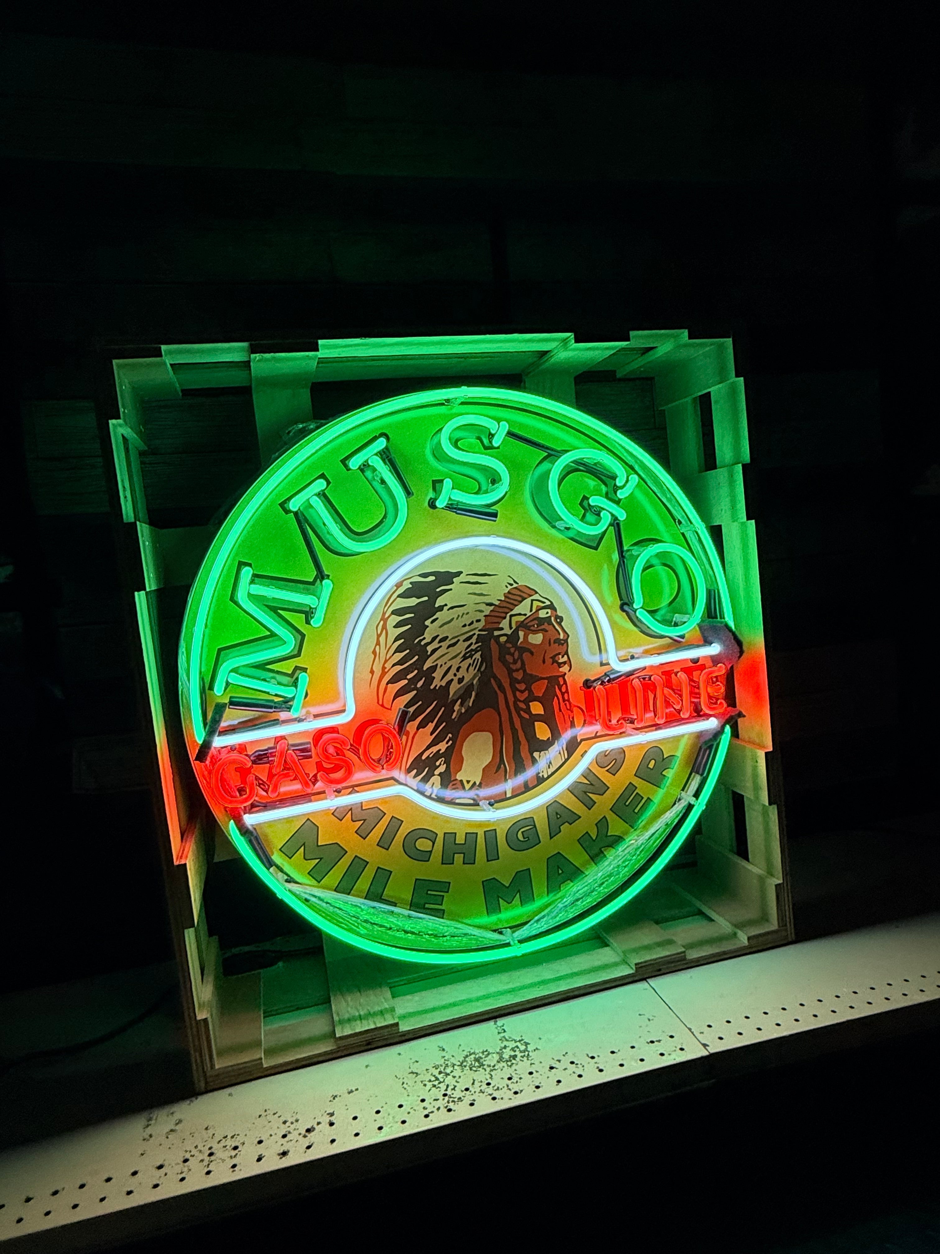 Musgo Gasoline Michigan Mile Maker Single-Sided Neon Porcelain Box Sign