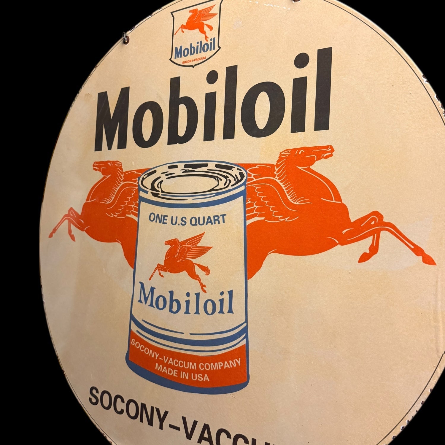 *Limited* Mobiloil Socony-Vacuum Double-Sided Large Porcelain Enamel on Steel (DS 30-Inch)