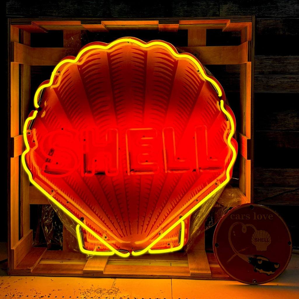 Shell Gasoline Scallop Neon Porcelain Die Cut Sign with Can