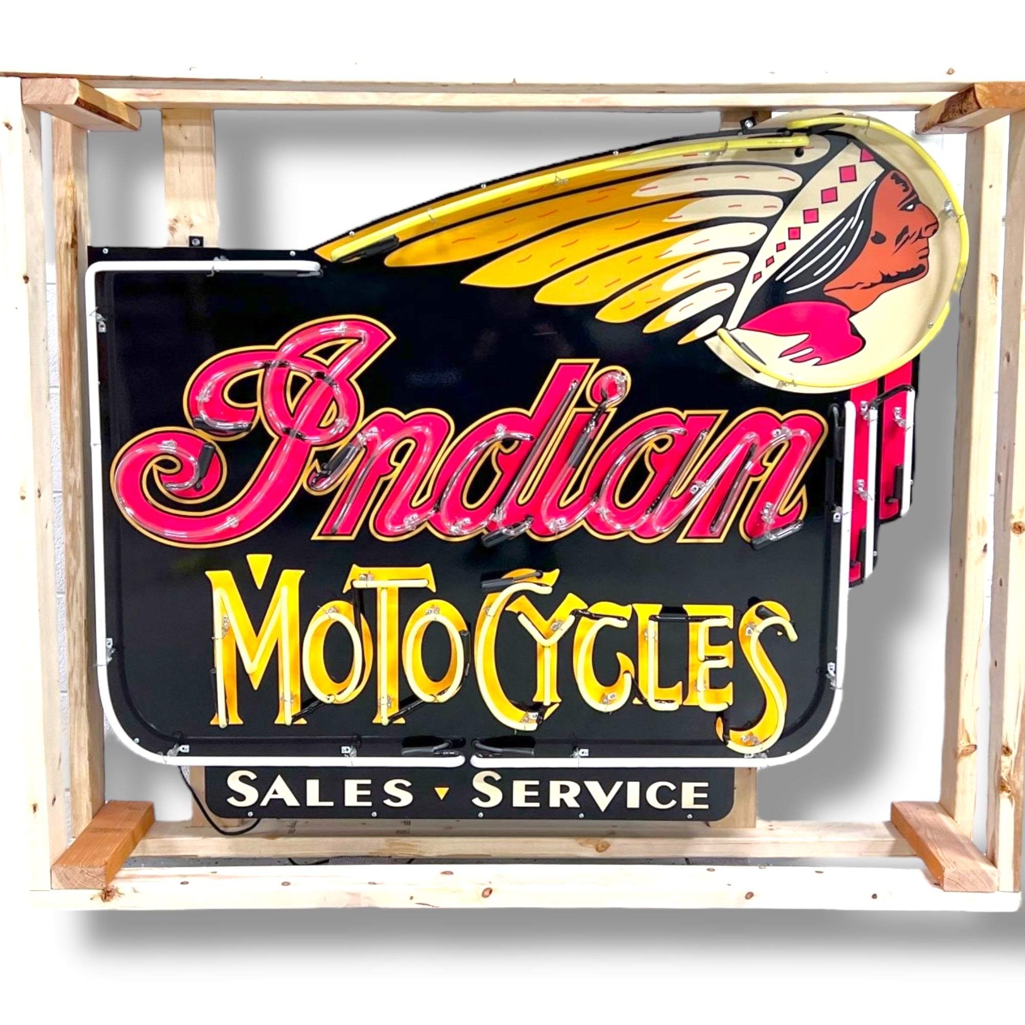 Indian Motocycles Sales & Service Neon Porcelain Dealership Sign with Can