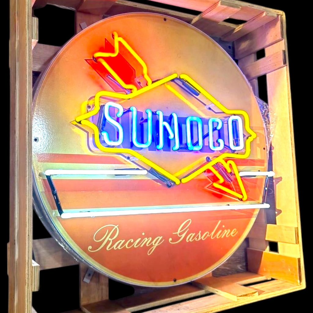 Sunoco Racing Gasoline Glass Neon Porcelain with Arrow and Steel Can