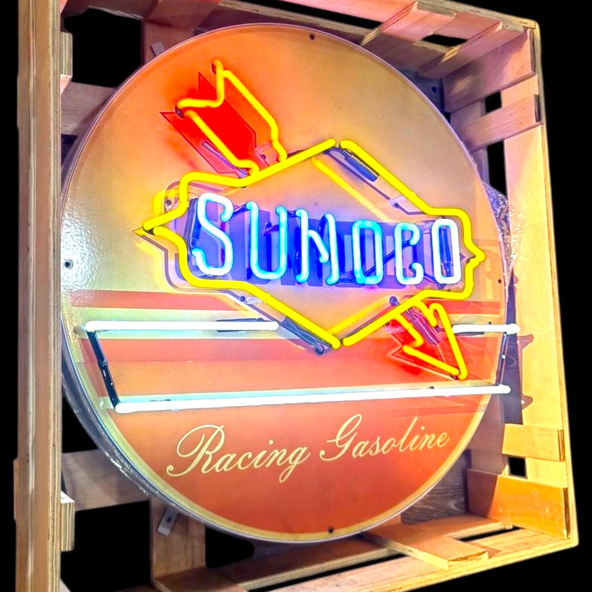 Sunoco Racing Gasoline Glass Neon Porcelain with Arrow and Steel Can