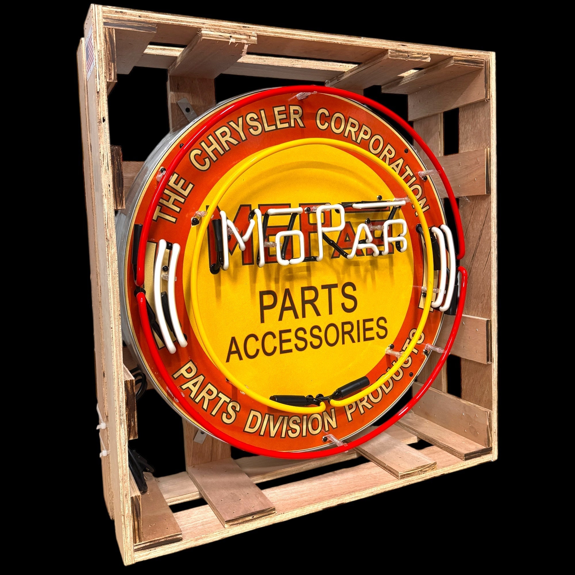 MoPar Chrysler Parts Division Neon Porcelain Sign with Can