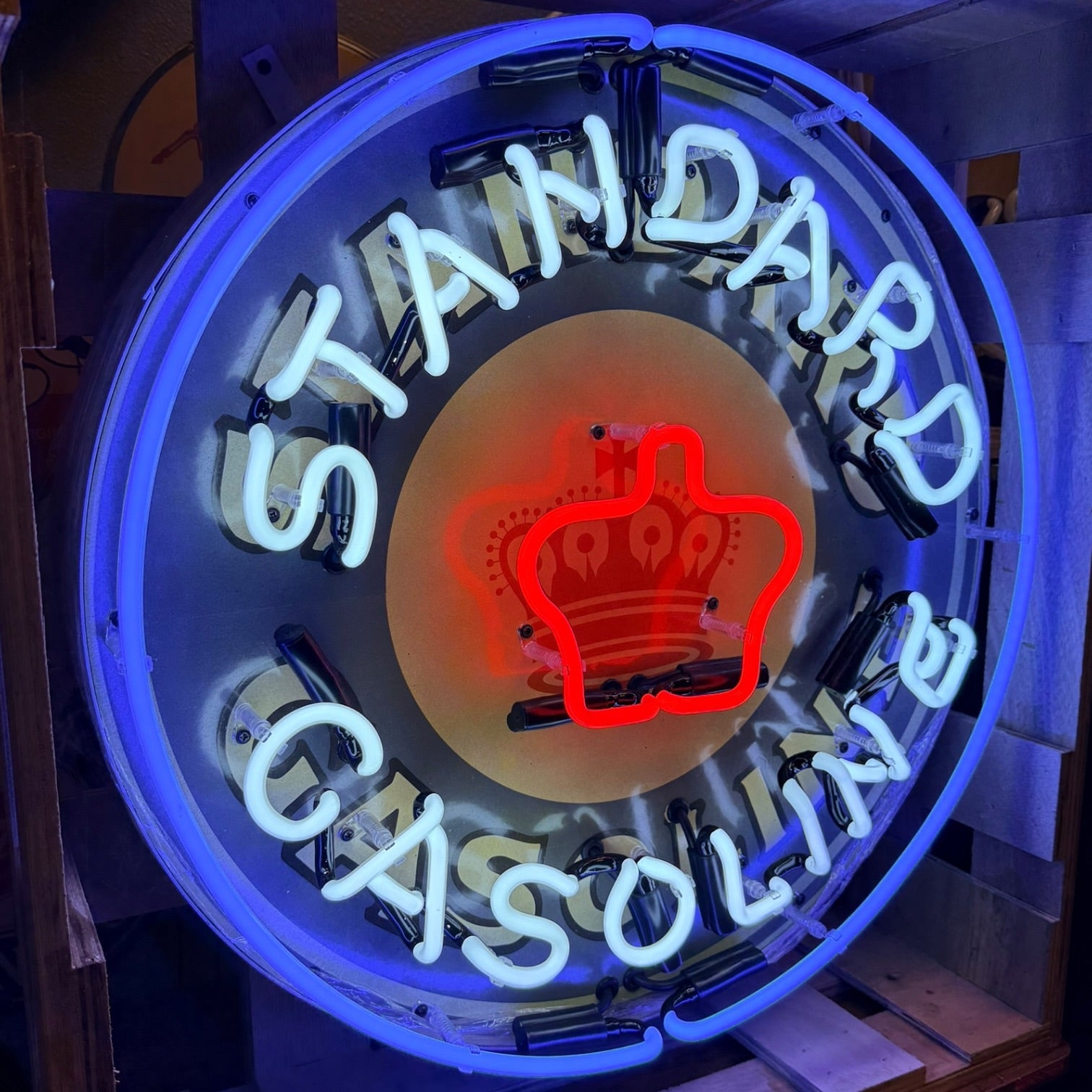 Standard Red Crown Gasoline Single-Sided Neon Porcelain Box Sign