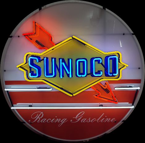 Sunoco Racing Gasoline Glass Neon Porcelain with Arrow and Steel Can